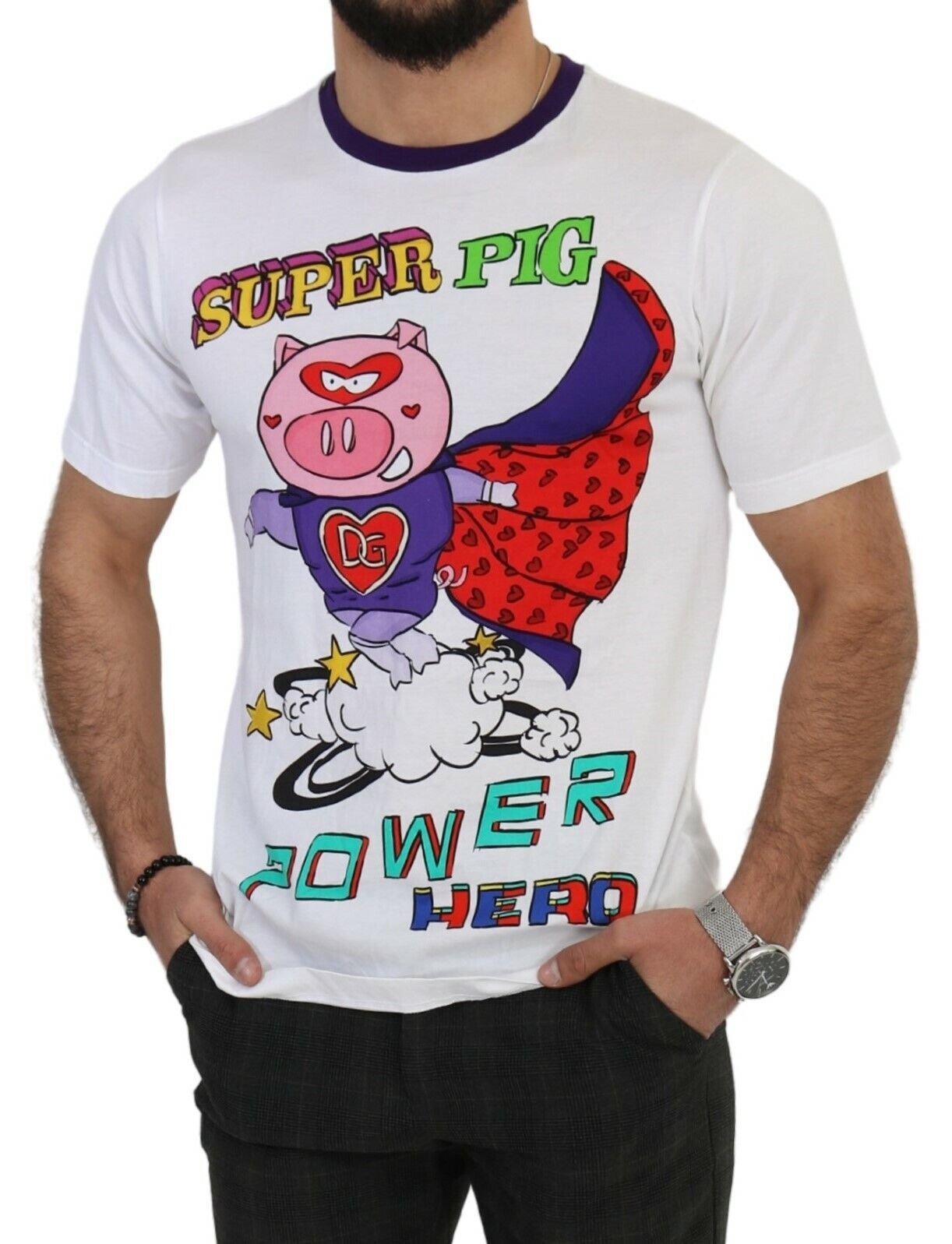Dolce & Gabbana White Cotton Top Super Power Pig T-shirt-5