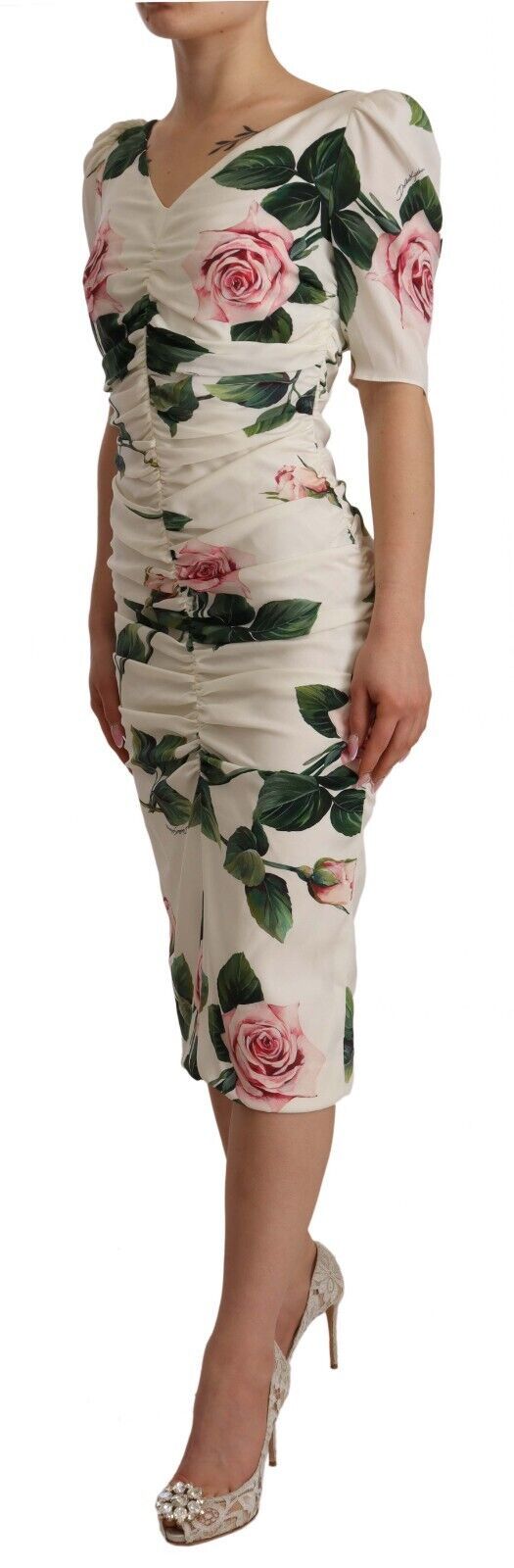 Dolce & Gabbana White Rose Print Stretch Silk Pleated Dress-2