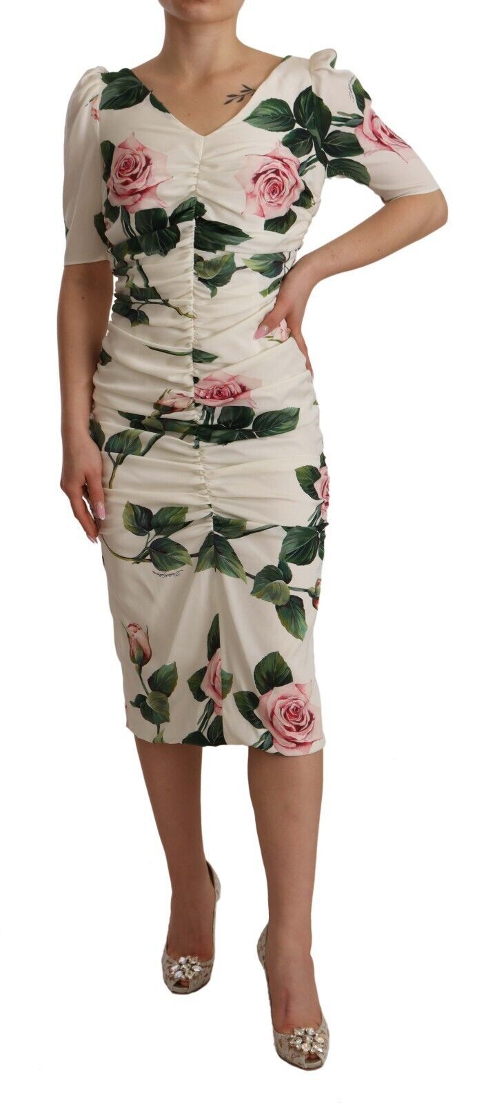 Dolce & Gabbana White Rose Print Stretch Silk Pleated Dress-3