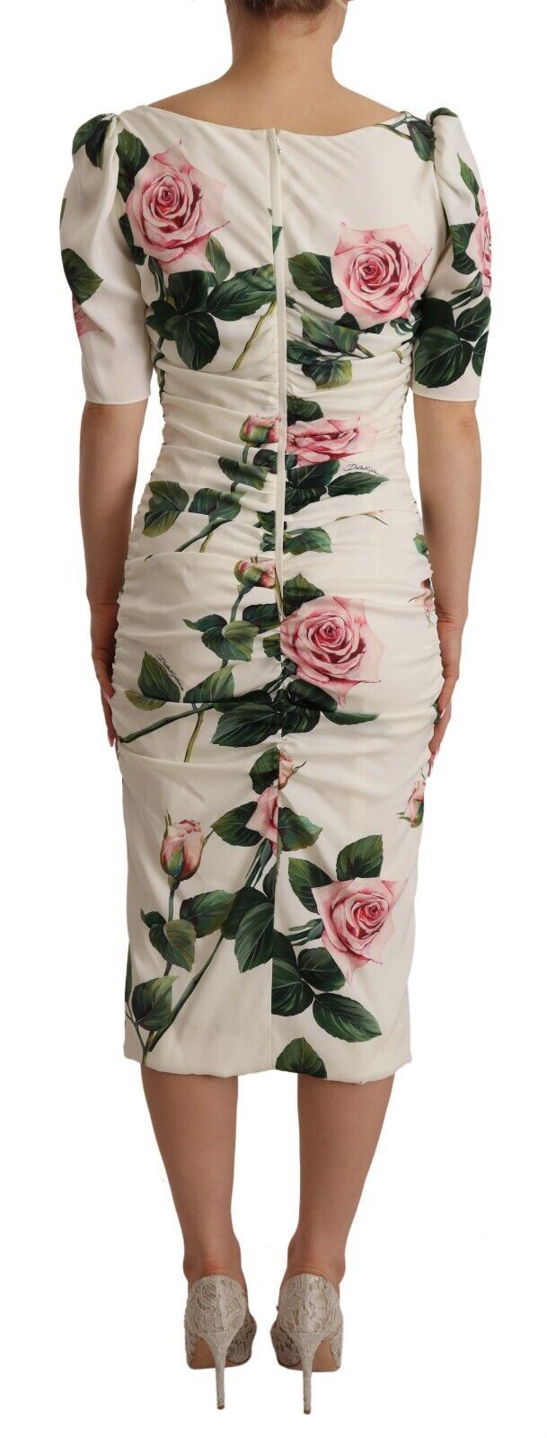 Dolce & Gabbana White Rose Print Stretch Silk Pleated Dress-4