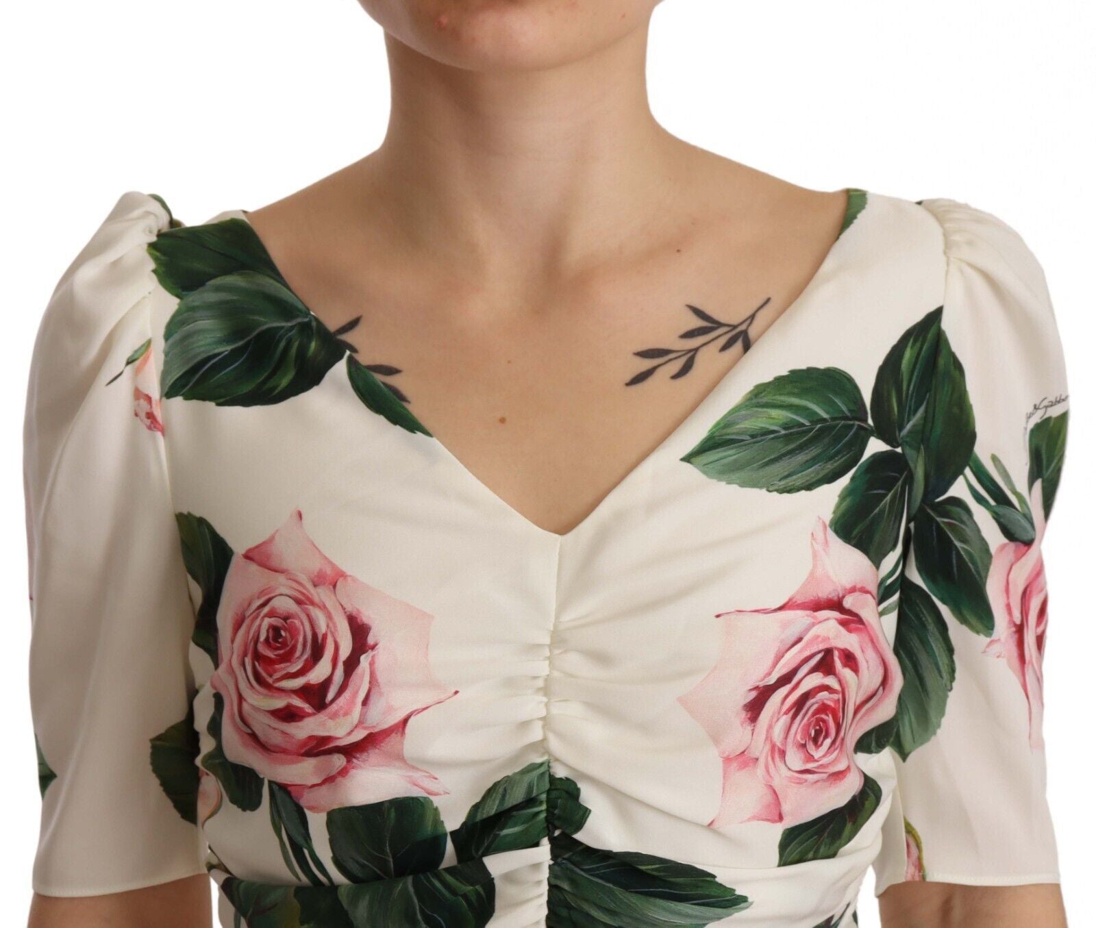 Dolce & Gabbana White Rose Print Stretch Silk Pleated Dress-5