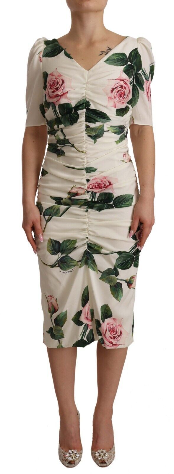 Dolce & Gabbana White Rose Print Stretch Silk Pleated Dress-1