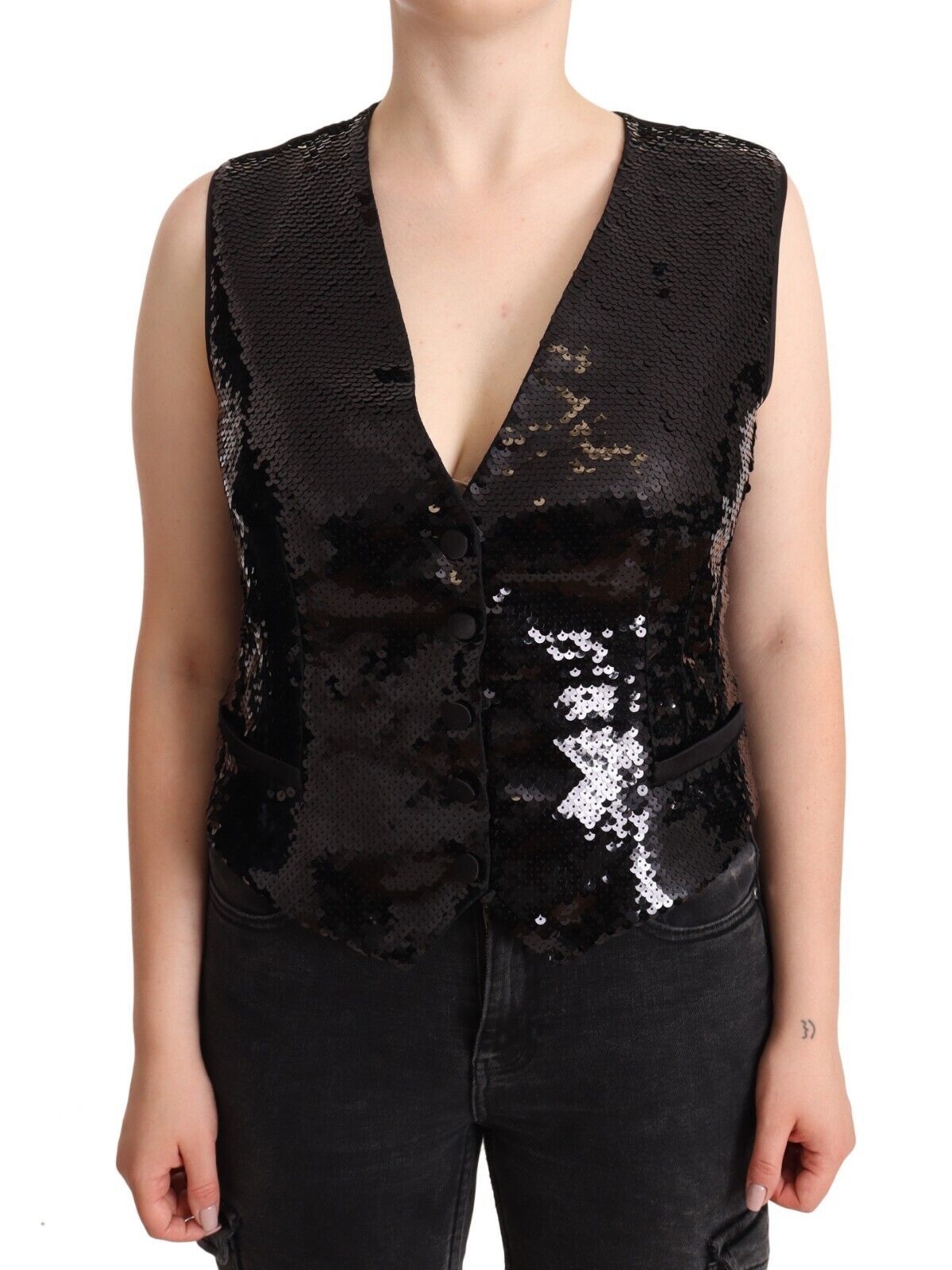 Camiseta sin mangas con cuello en V y lentejuelas negras de Dolce & Gabbana-1