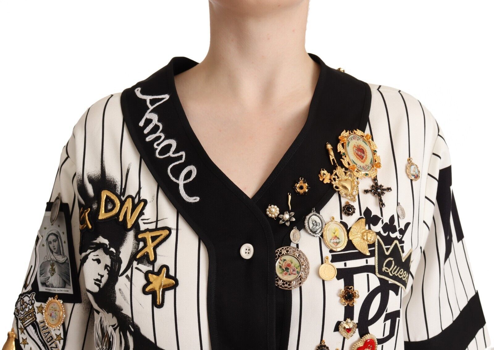 Dolce & Gabbana White Cotton Shirt with Crystal Pendants Amore-4
