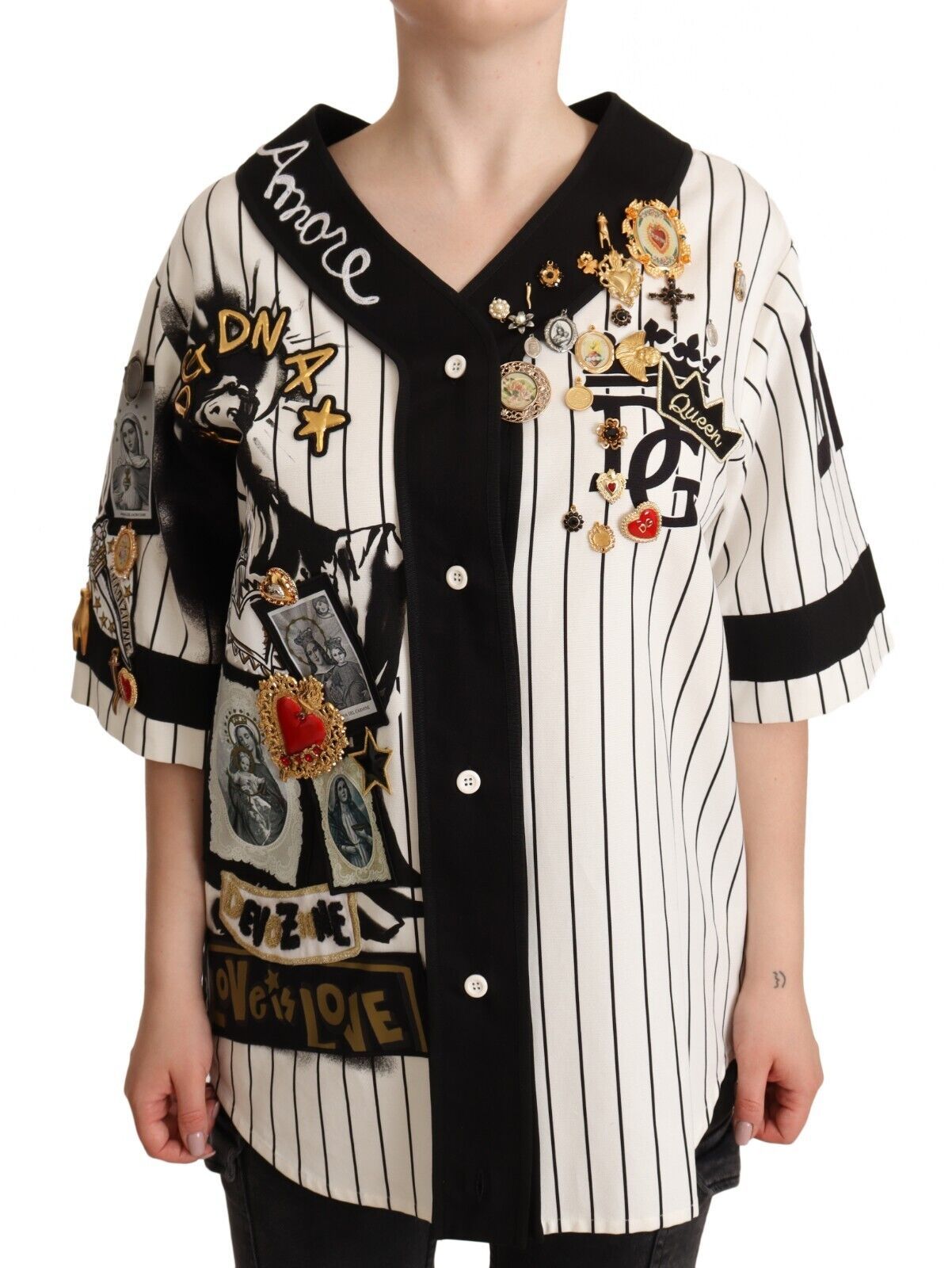 Dolce & Gabbana White Cotton Shirt with Crystal Pendants Amore