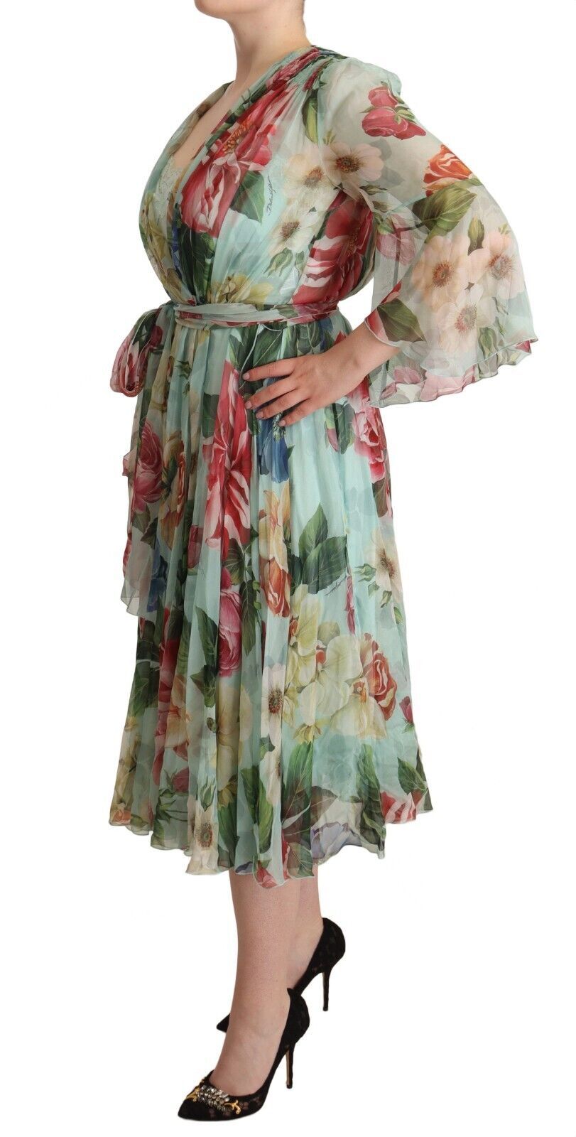 Dolce & Gabbana green floral midi dress with long sleeves and V-neck-2