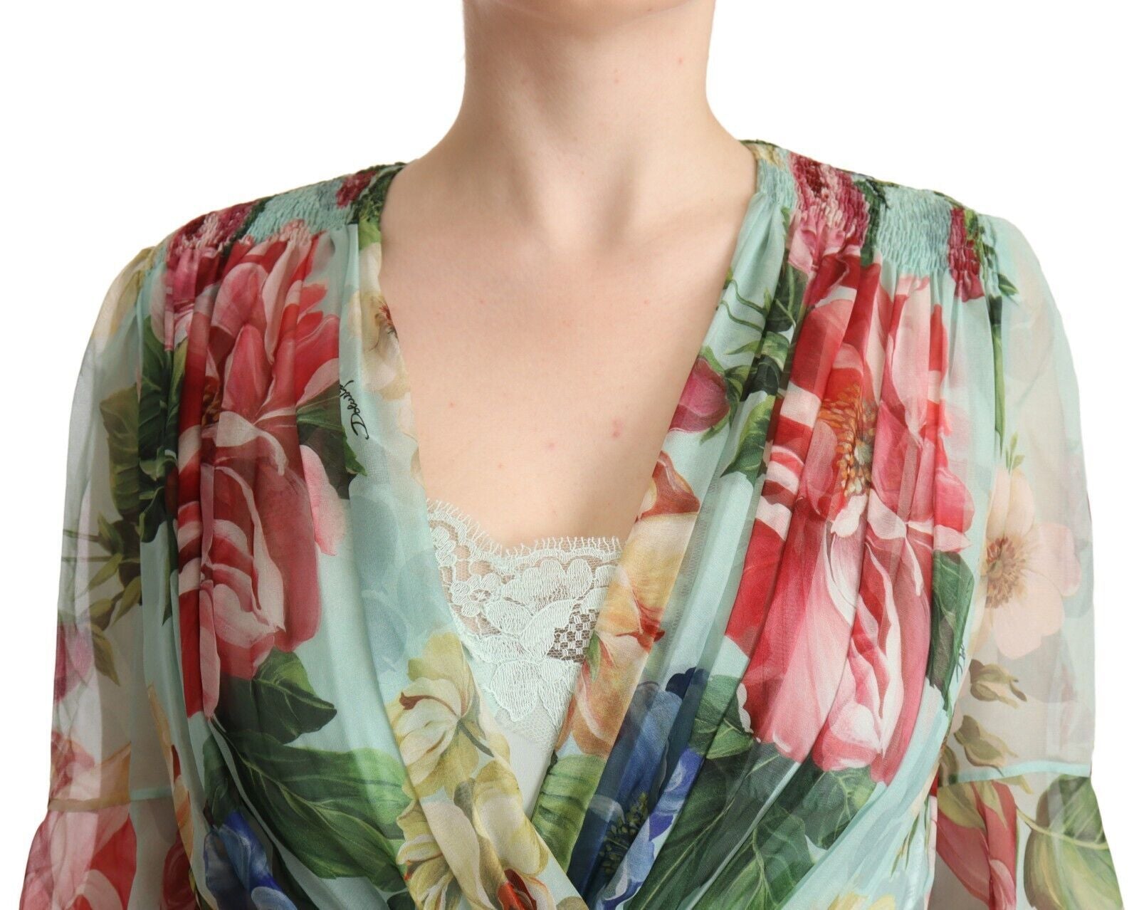 Dolce & Gabbana green floral midi dress with long sleeves and V-neck-3