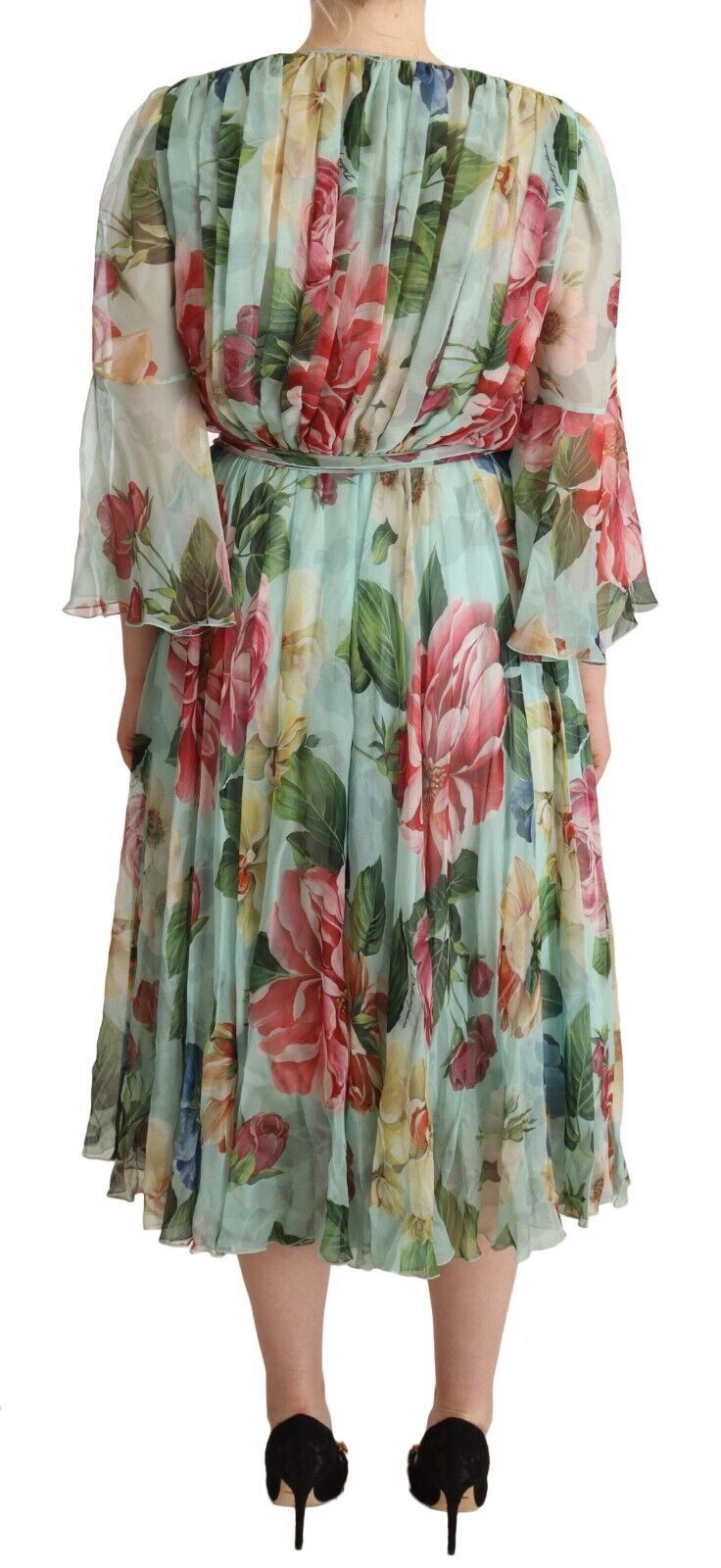 Dolce & Gabbana green floral midi dress with long sleeves and V-neck-4