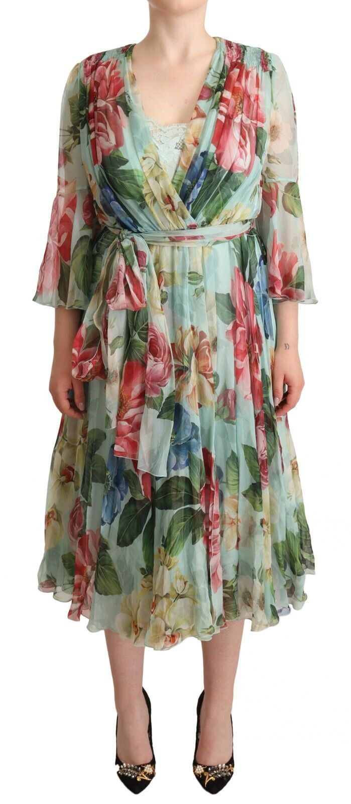Dolce & Gabbana green floral midi dress with long sleeves and V-neck-1
