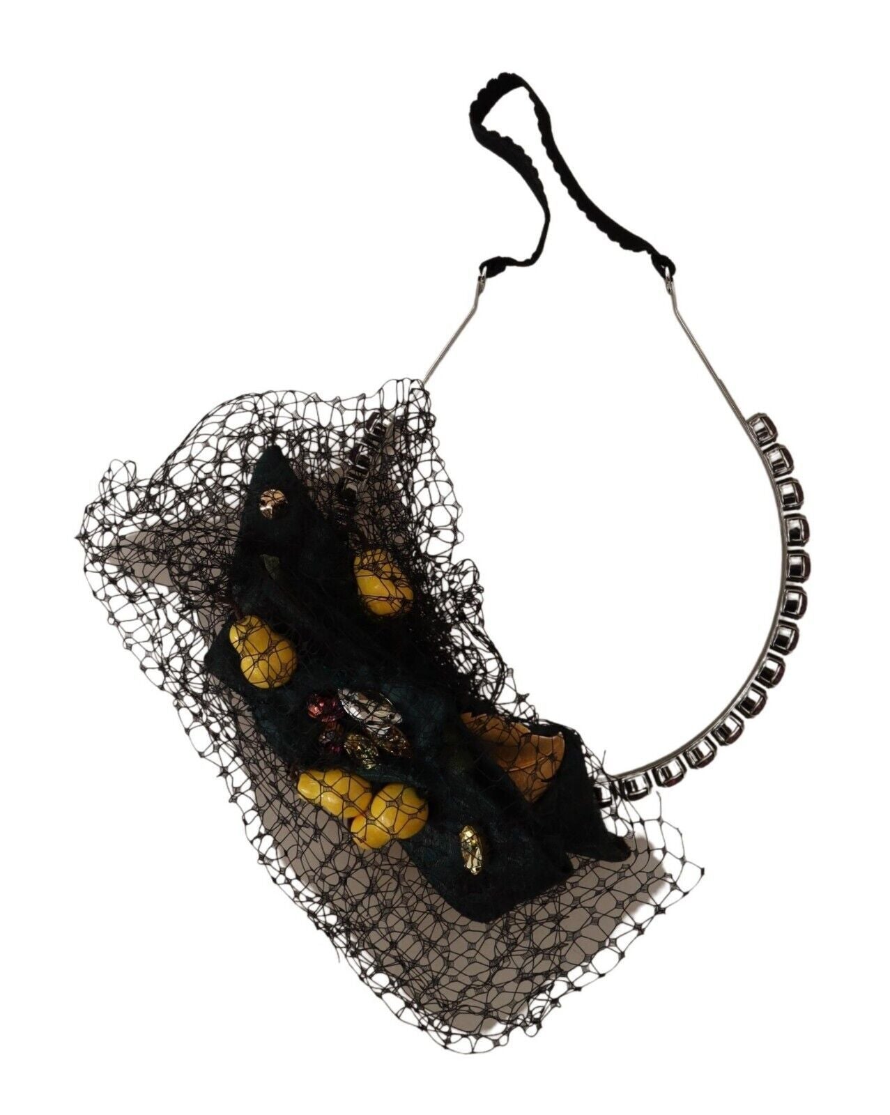 Dolce & Gabbana Silver Tiara Crystals Fruits Black Mesh Diadem Headband-2