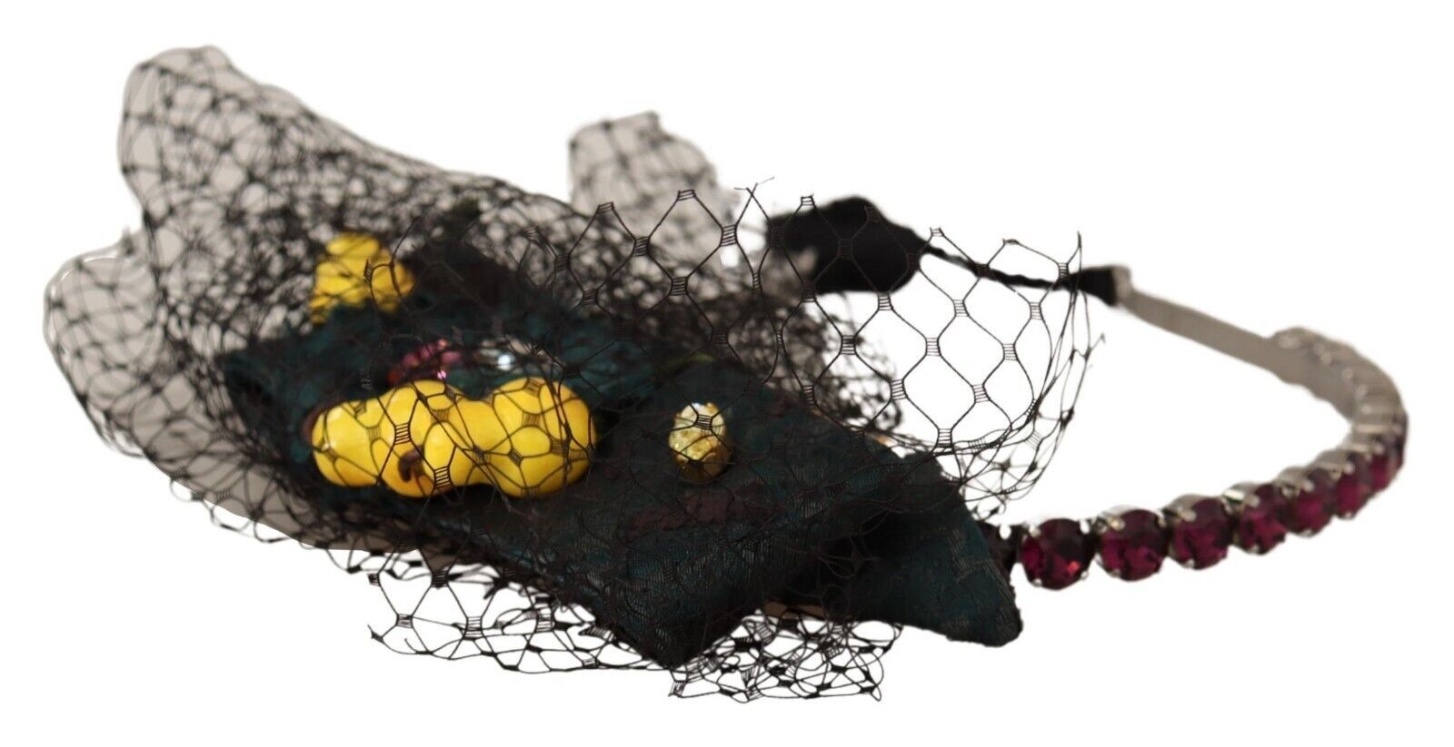 Dolce & Gabbana Silver Tiara Crystals Fruits Black Mesh Diadem Headband-4