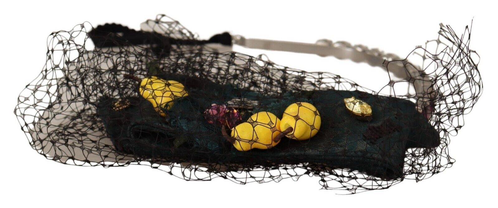 Dolce & Gabbana Silver Tiara Crystals Fruits Black Mesh Diadem Headband-5