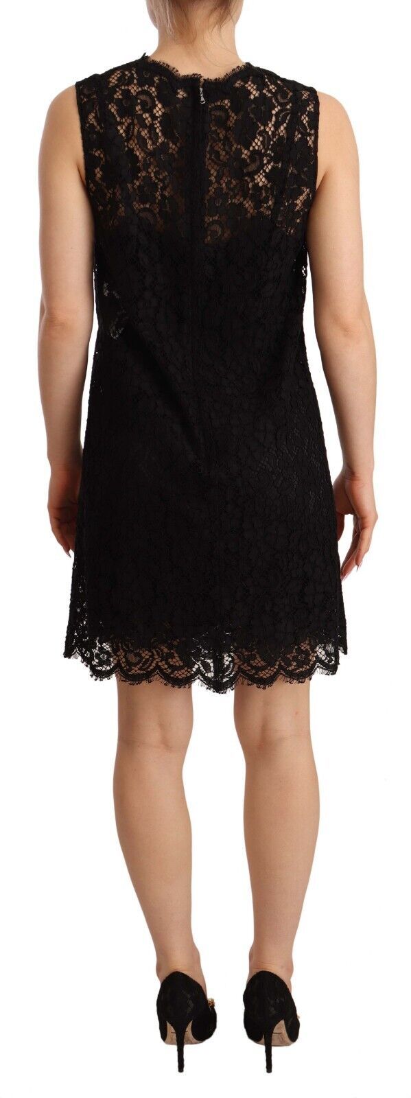 Dolce & Gabbana Schwarzes, geblümtes, ärmelloses Minikleid aus Spitze-3