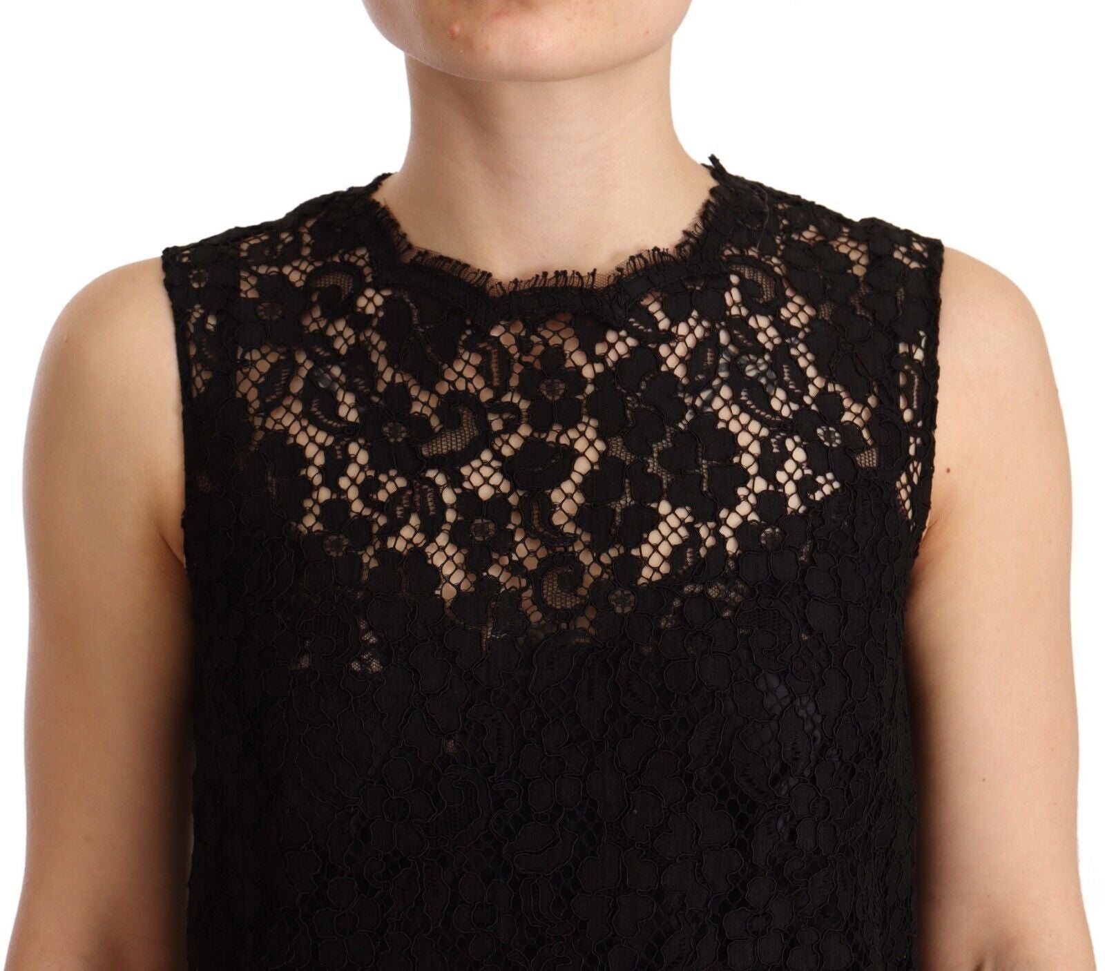 Dolce & Gabbana Schwarzes, geblümtes, ärmelloses Minikleid aus Spitze-4