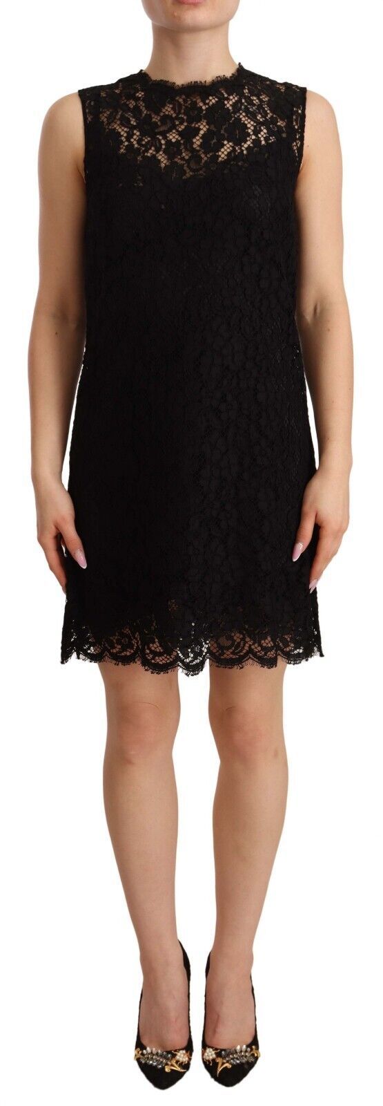 Dolce & Gabbana Schwarzes, geblümtes, ärmelloses Minikleid aus Spitze-1
