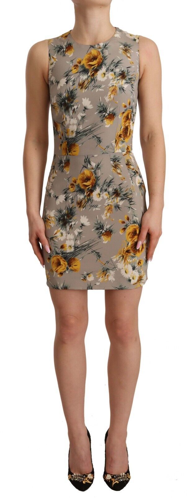 Dolce & Gabbana Graues Stretch-Minikleid aus Seide mit Blumenmuster-1