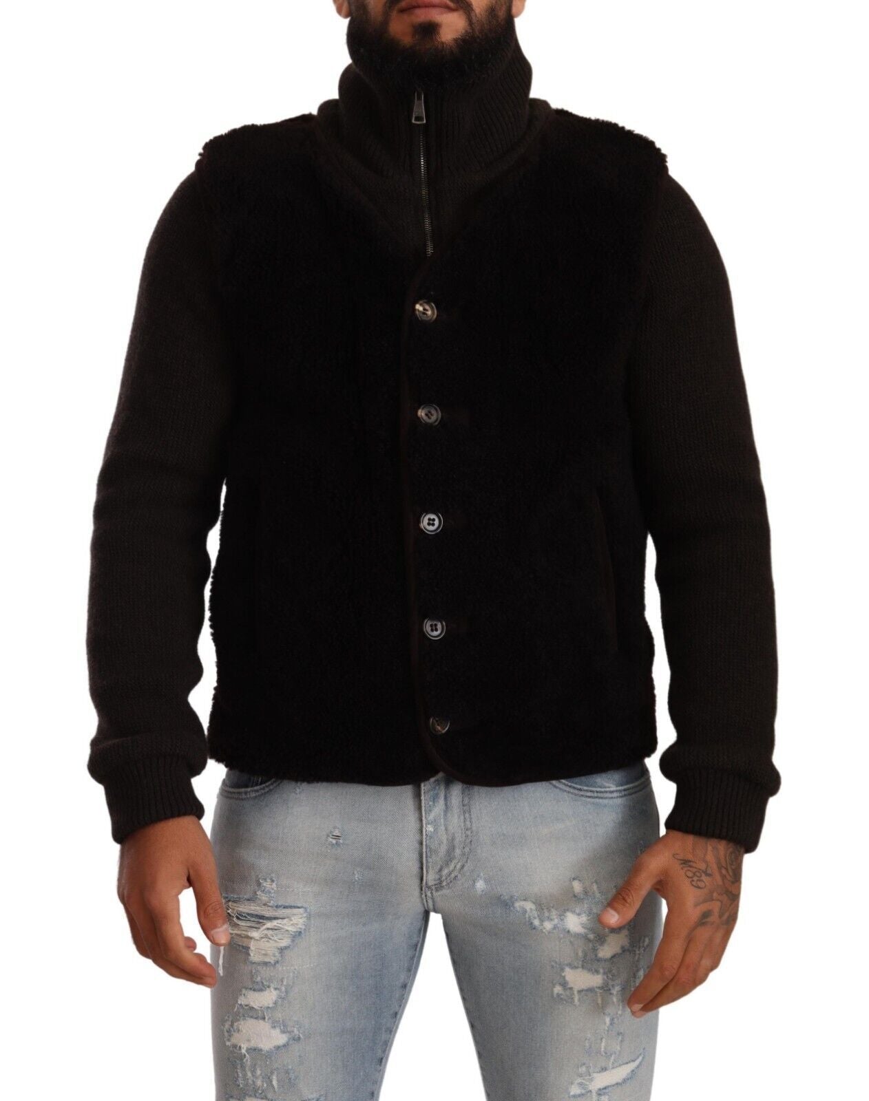 Dolce & Gabbana Black Leather Men's Turtle Neck Coat Jacket