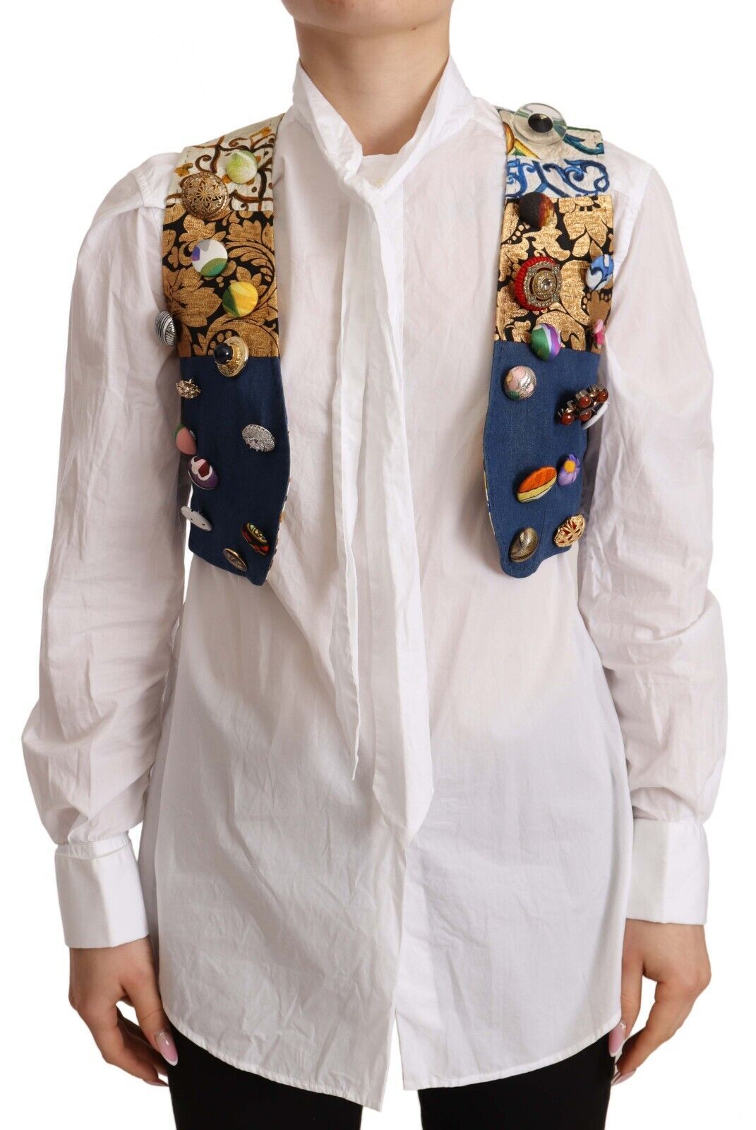 Dolce & Gabbana Multicolor Embellished Coat with Waist Cotton Top-1