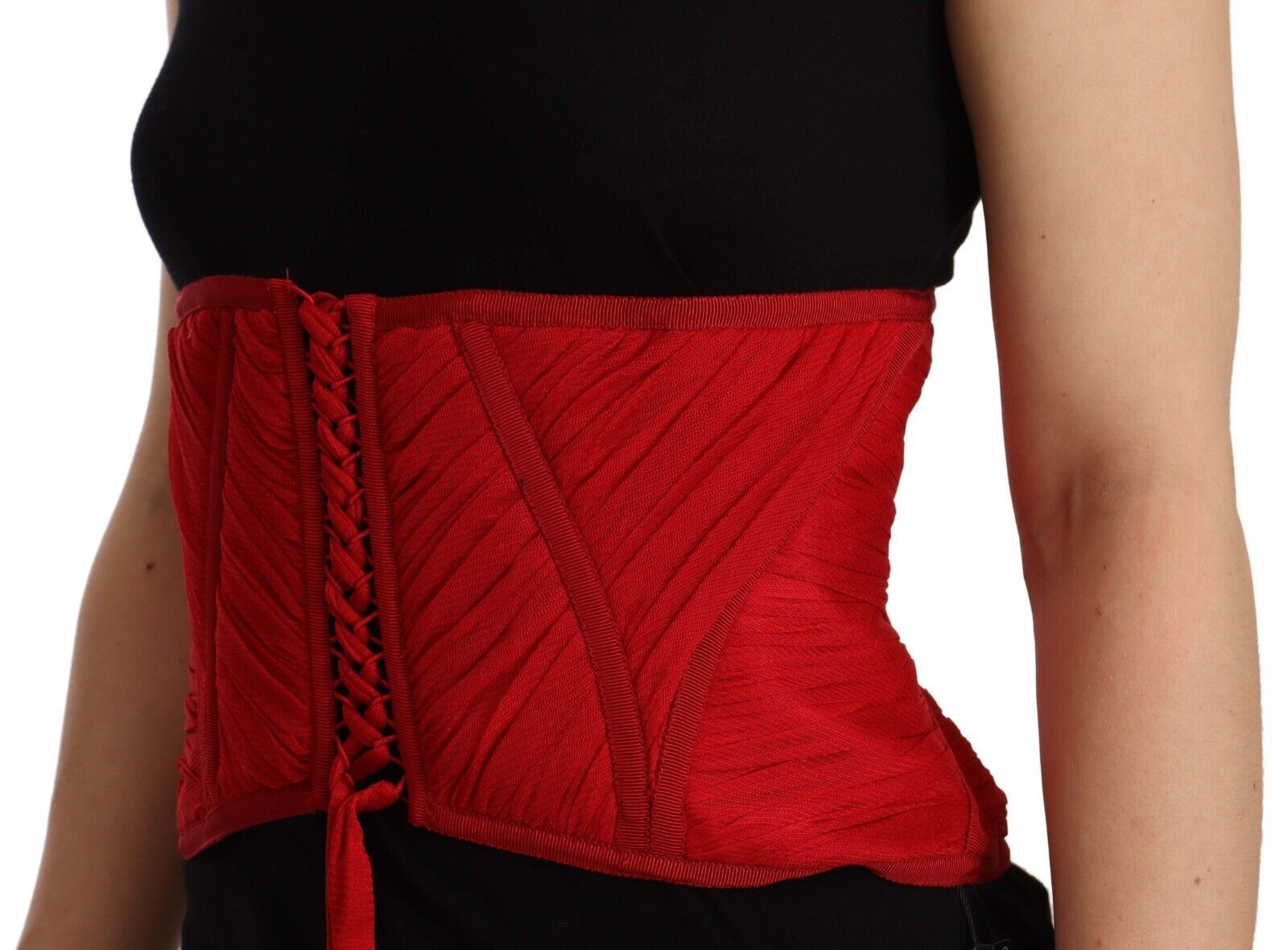 Dolce & Gabbana Red Corset Belt Stretch Waist Strap Silk Top-2