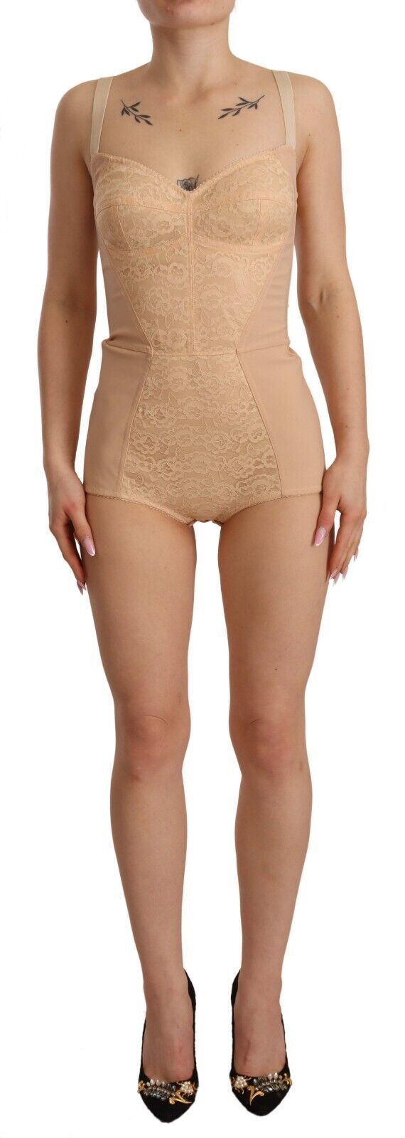 Dolce & Gabbana Beige Nylon Floral Lace Bodysuit Underwear-1