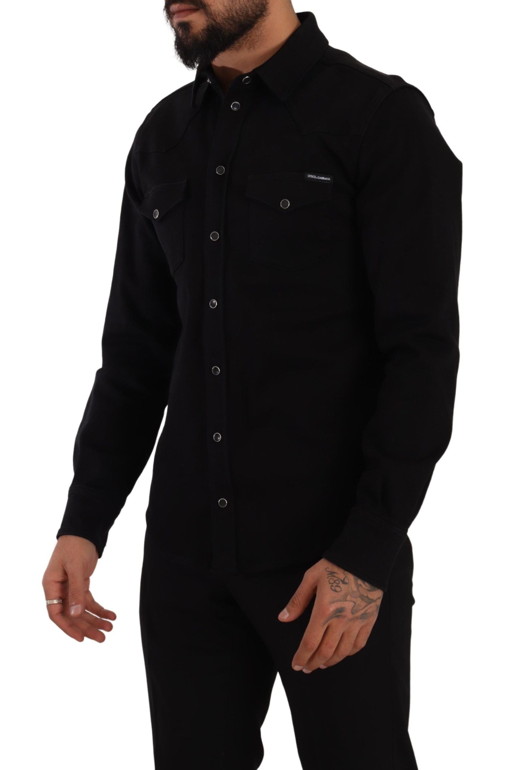 Dolce & Gabbana Black Slim Cotton Denim Stretch Shirt-2