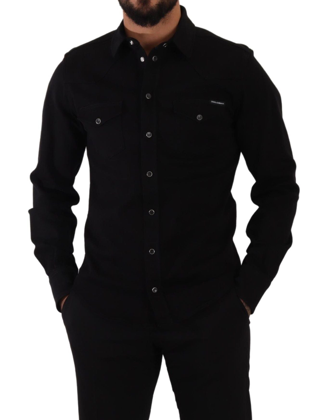 Dolce & Gabbana Black Slim Cotton Denim Stretch Shirt-5