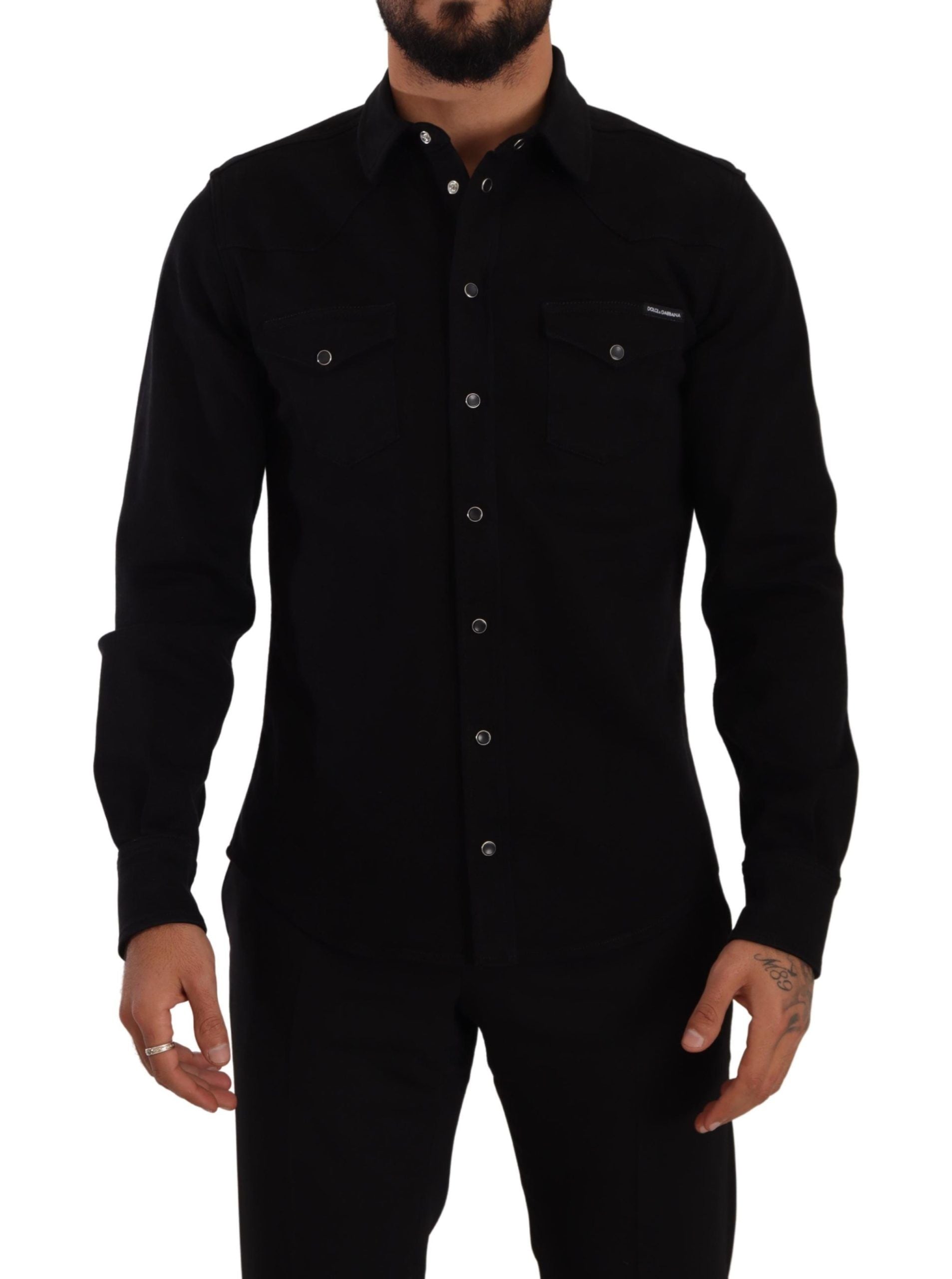 Dolce & Gabbana Black Slim Cotton Denim Stretch Shirt-1