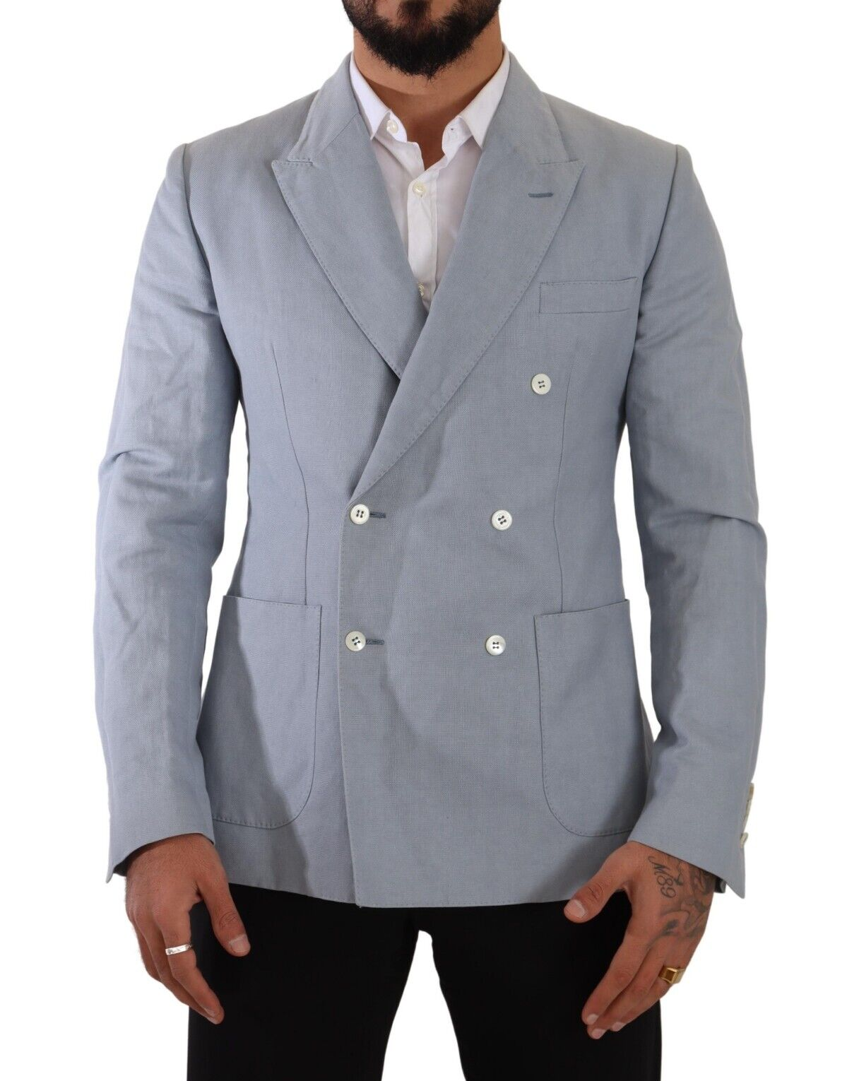 Dolce & Gabbana Blaue Baumwolle Leinen Slim Fit Jacke Mantel Blazer-1