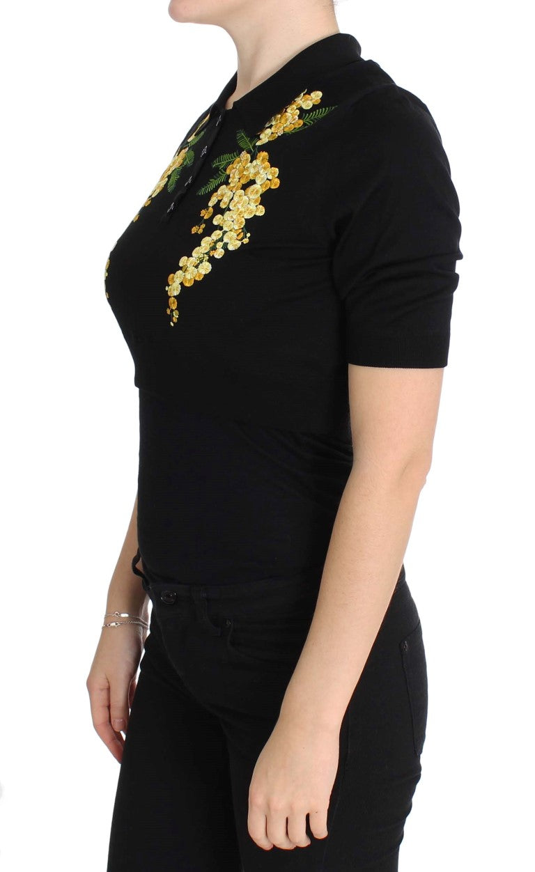 Dolce & Gabbana Black silk polo shirt with floral embroidery-2