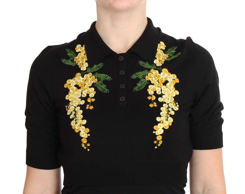 Dolce & Gabbana Black silk polo shirt with floral embroidery-4