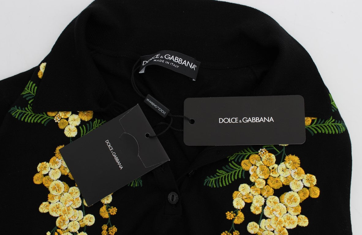 Dolce & Gabbana Black silk polo shirt with floral embroidery-5