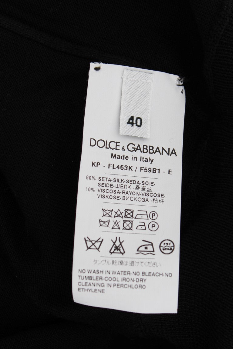 Dolce & Gabbana Black silk polo shirt with floral embroidery-7