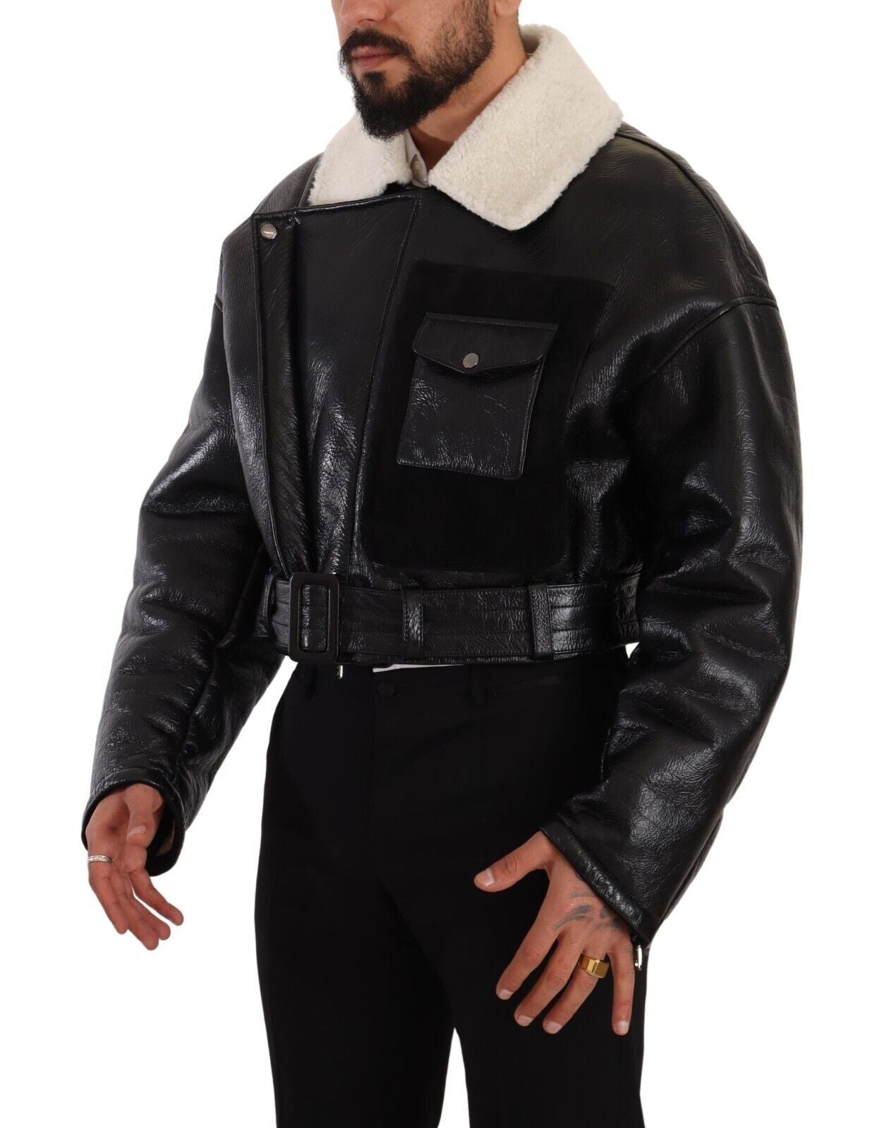 Chaqueta biker de piel de oveja negra de Dolce & Gabbana-2