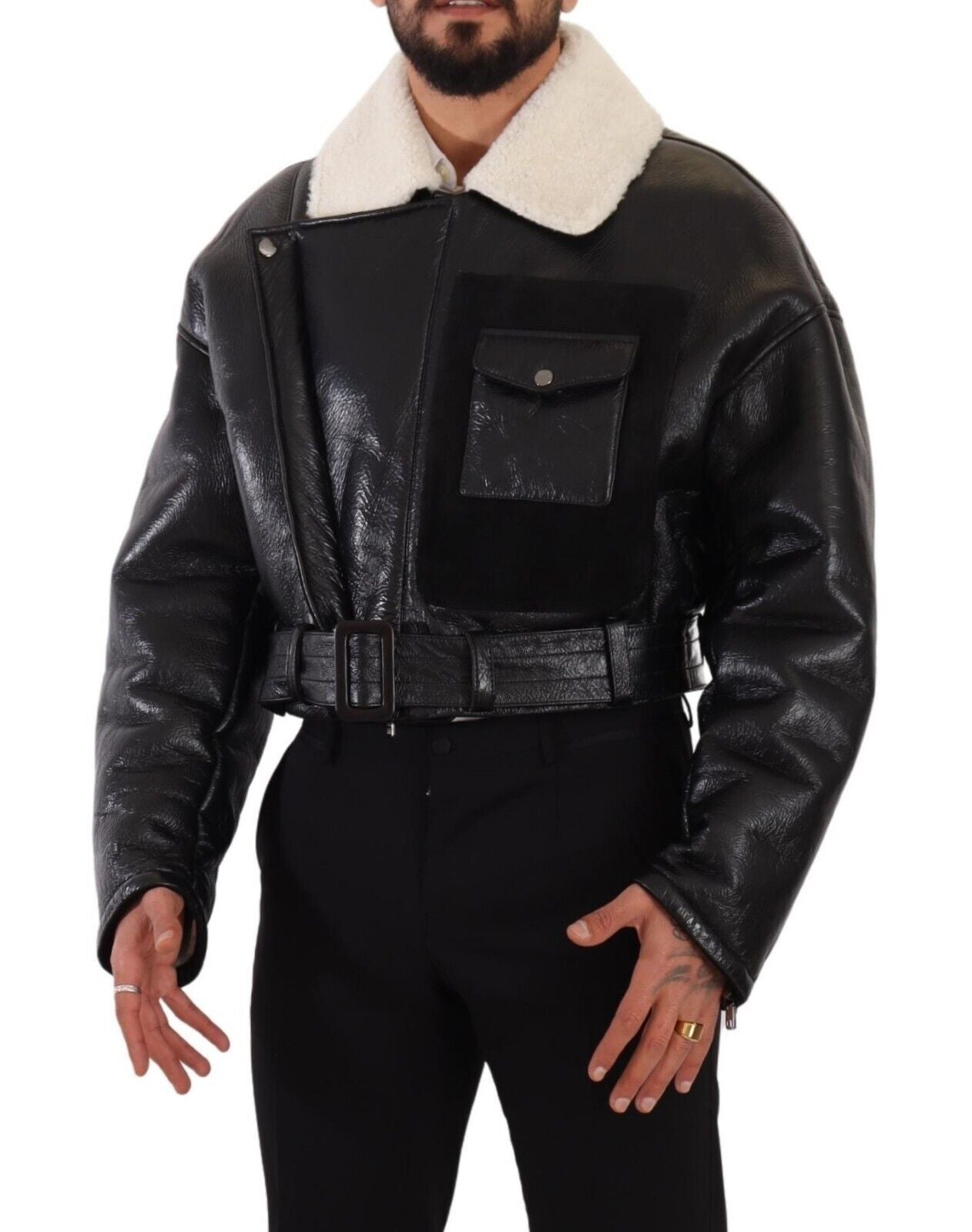 Chaqueta biker de piel de oveja negra de Dolce & Gabbana-5