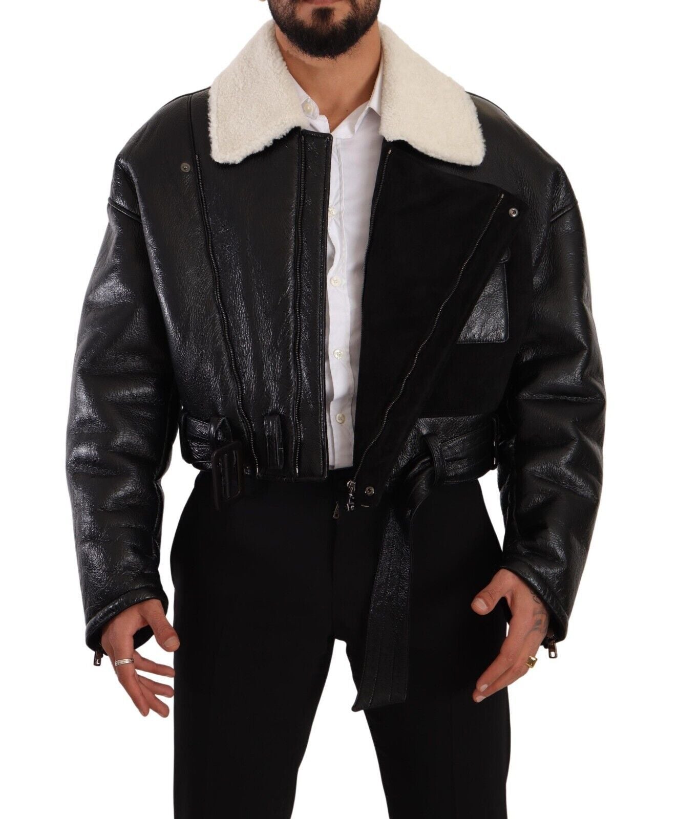 Chaqueta biker de piel de oveja negra de Dolce & Gabbana-6