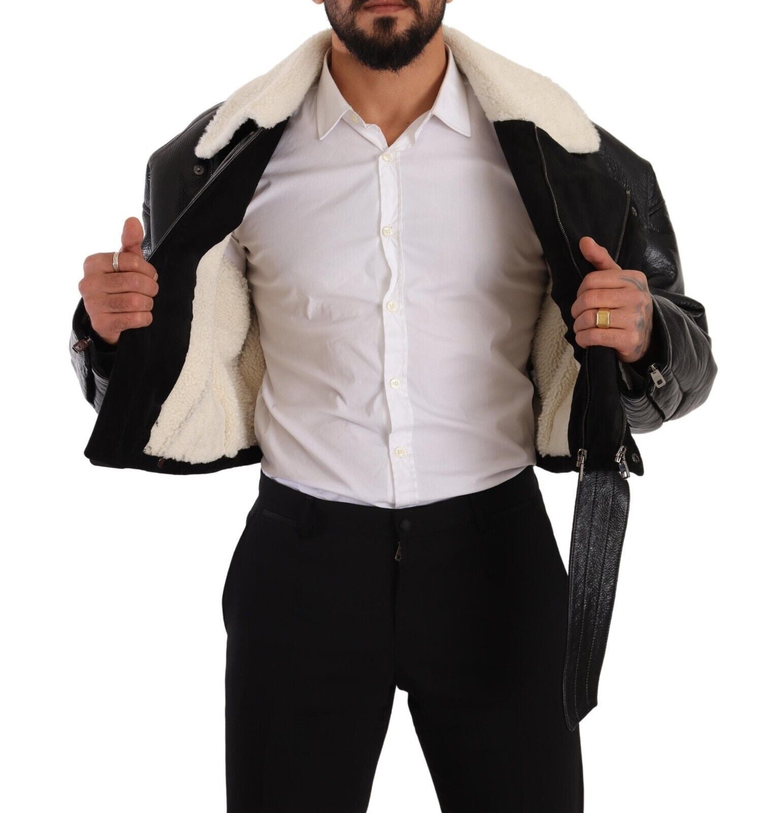 Chaqueta biker de piel de oveja negra de Dolce & Gabbana-7