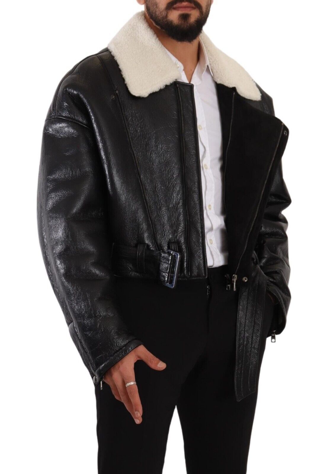 Chaqueta biker de piel de oveja negra de Dolce & Gabbana-8