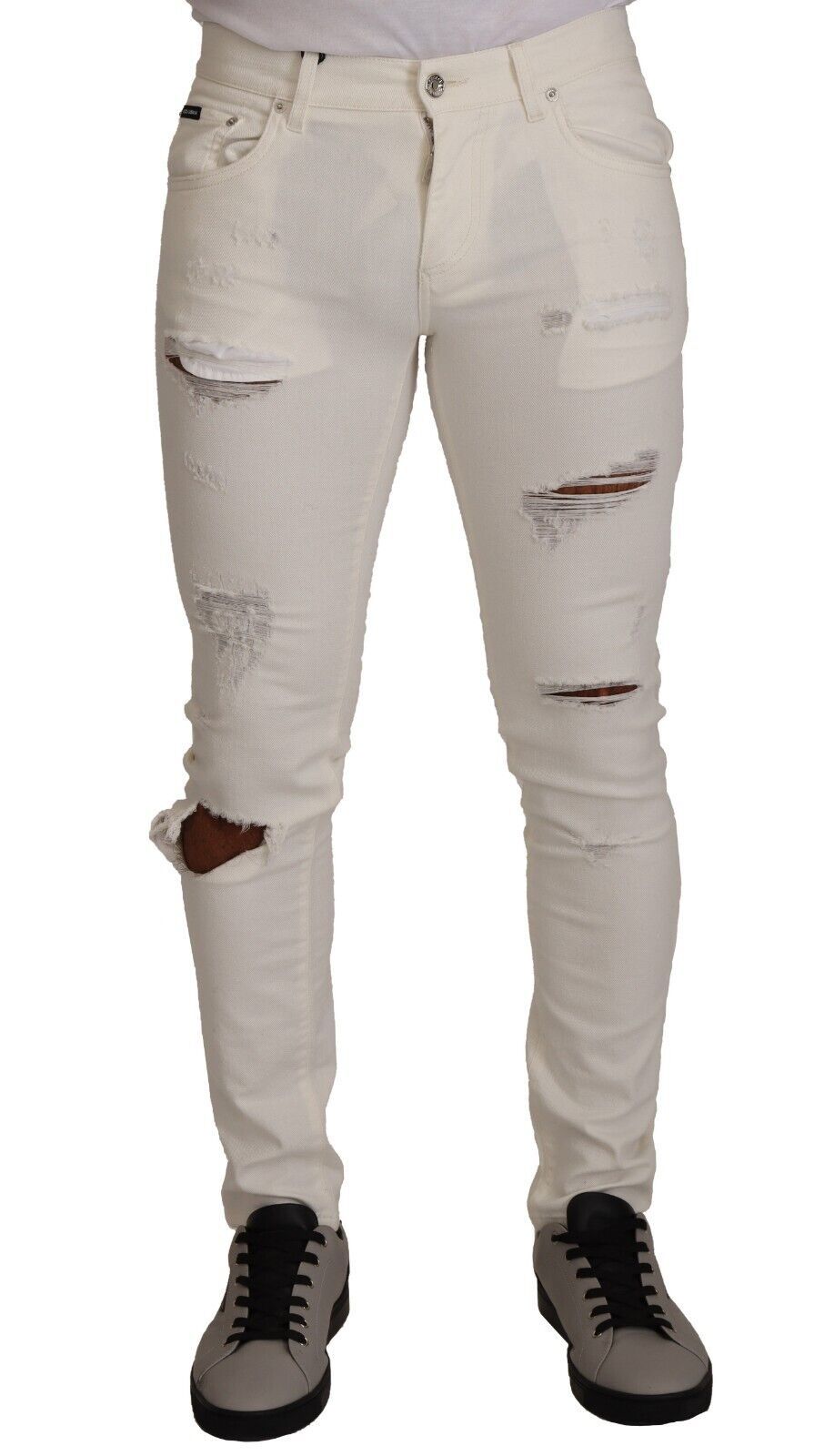 Dolce & Gabbana White Distressed Skinny Cotton Denim Jeans for Men