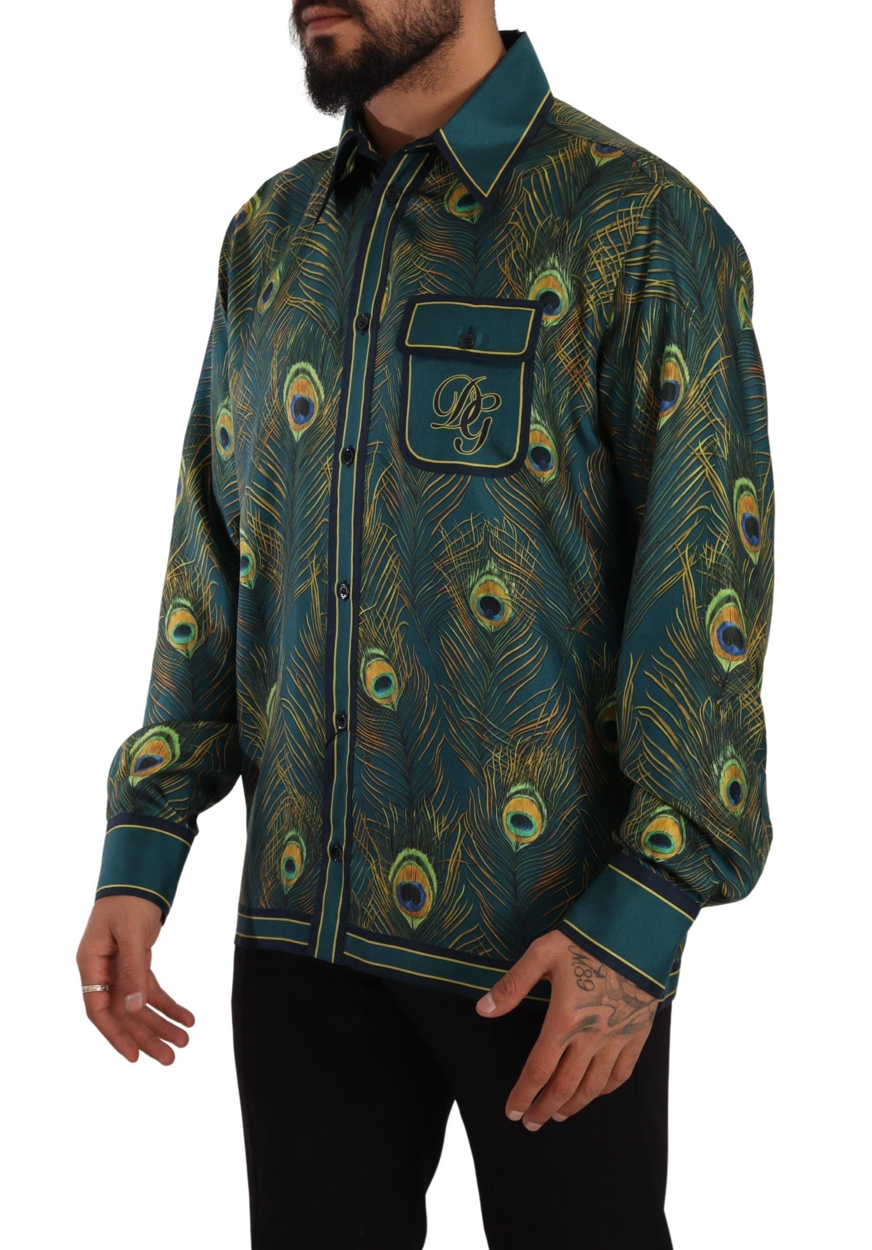 Dolce & Gabbana Peacock Feather Print Silk Pyjamas Men's Shirt-2