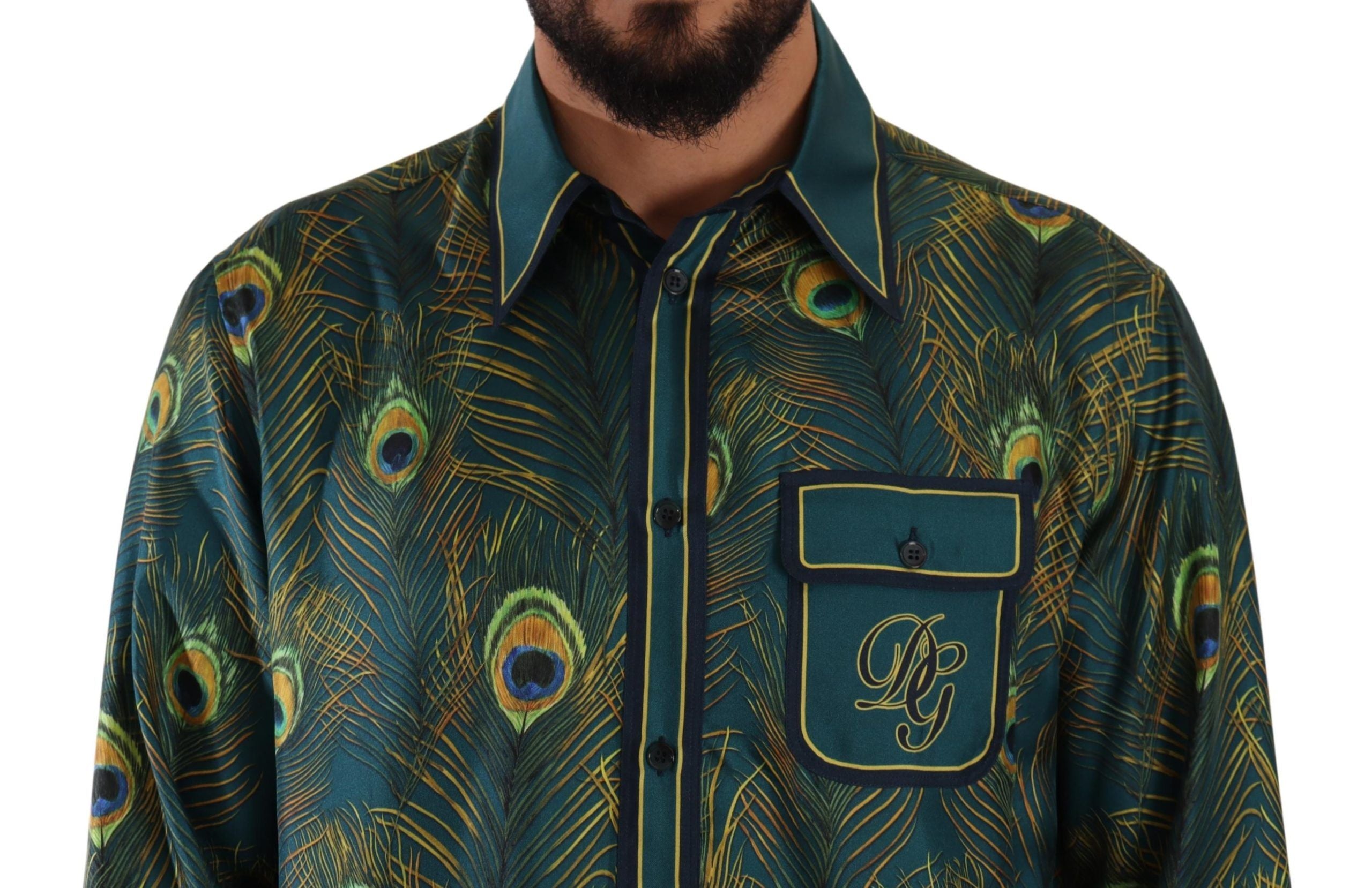 Dolce & Gabbana Peacock Feather Print Silk Pyjamas Men's Shirt-4