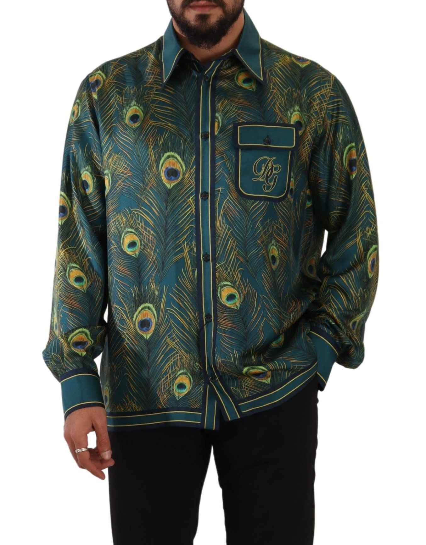 Dolce & Gabbana Peacock Feather Print Silk Pyjamas Men's Shirt-5