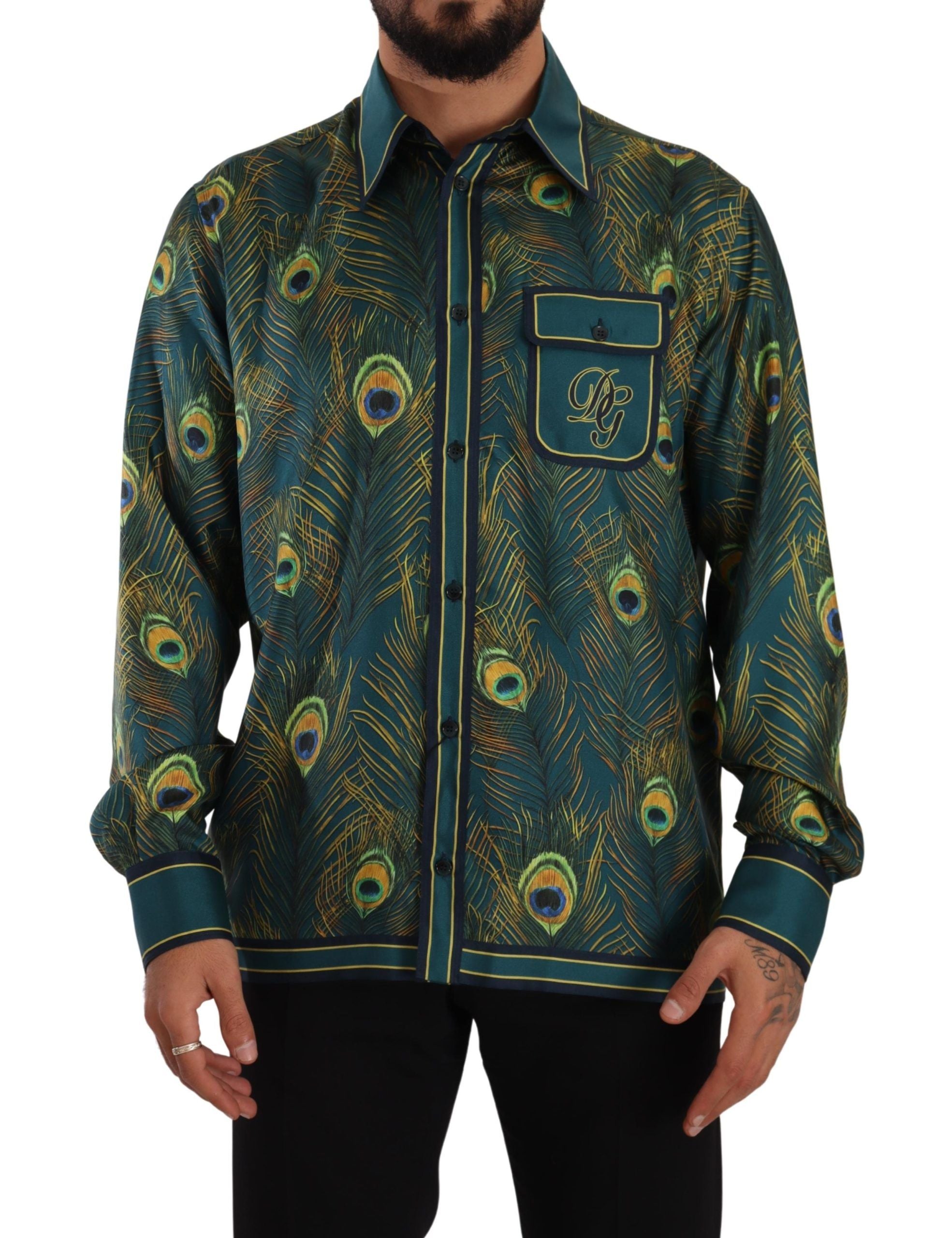 Dolce & Gabbana Peacock Feather Print Silk Pyjamas Men's Shirt-1