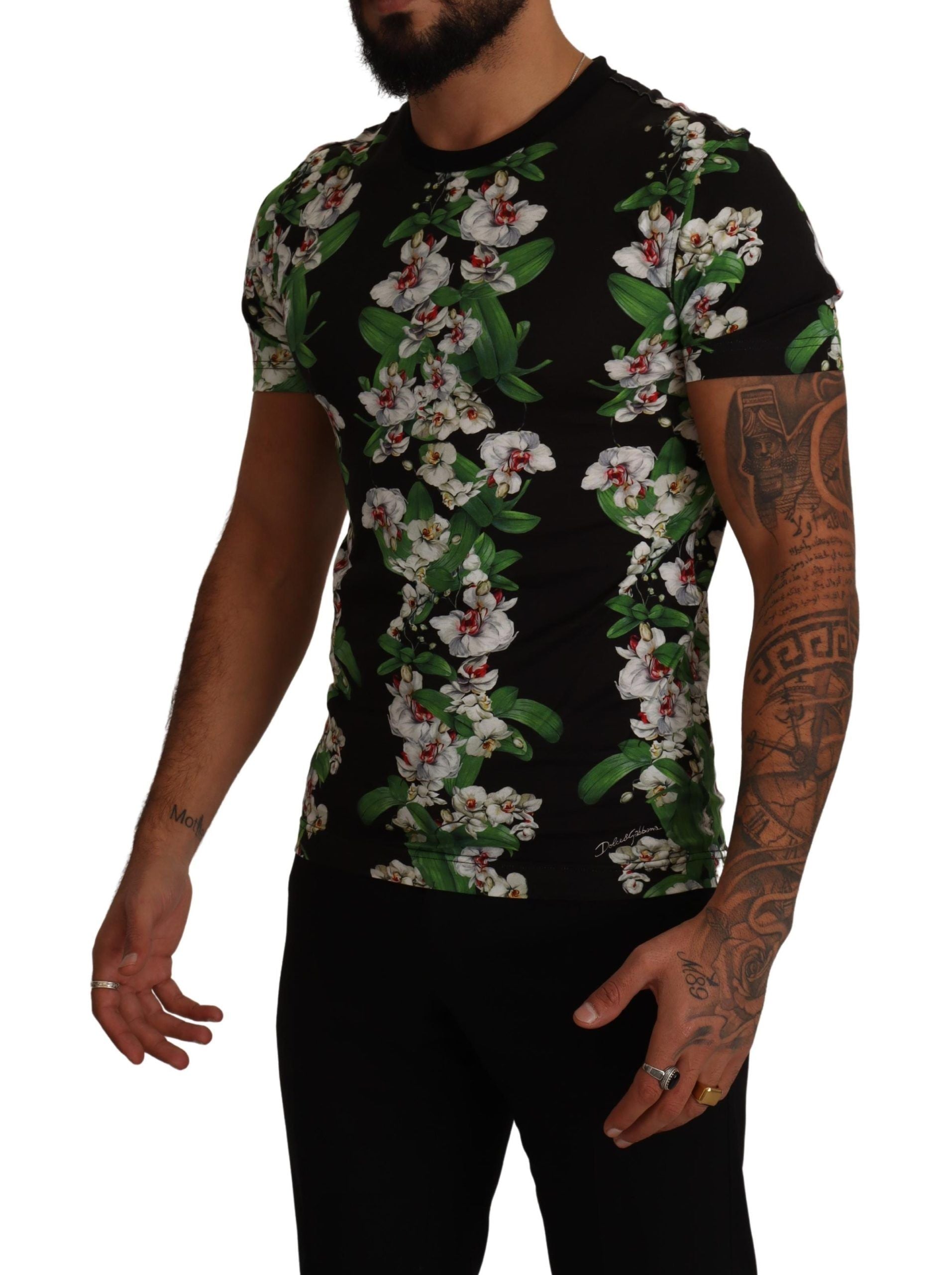 Dolce & Gabbana Schwarzes T-Shirt mit Blumendruck und Rundhalsausschnitt-2