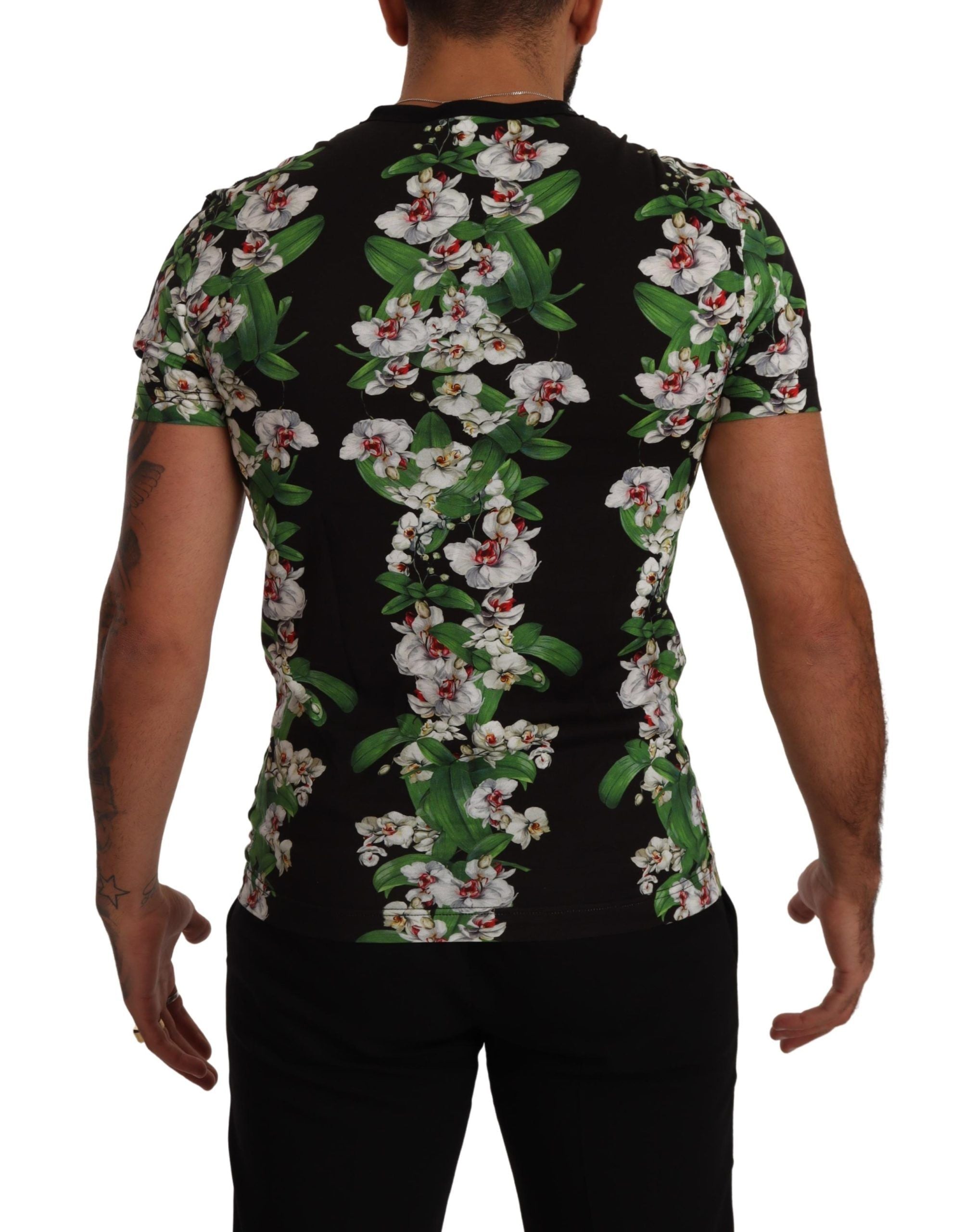 Dolce & Gabbana Schwarzes T-Shirt mit Blumendruck und Rundhalsausschnitt-5