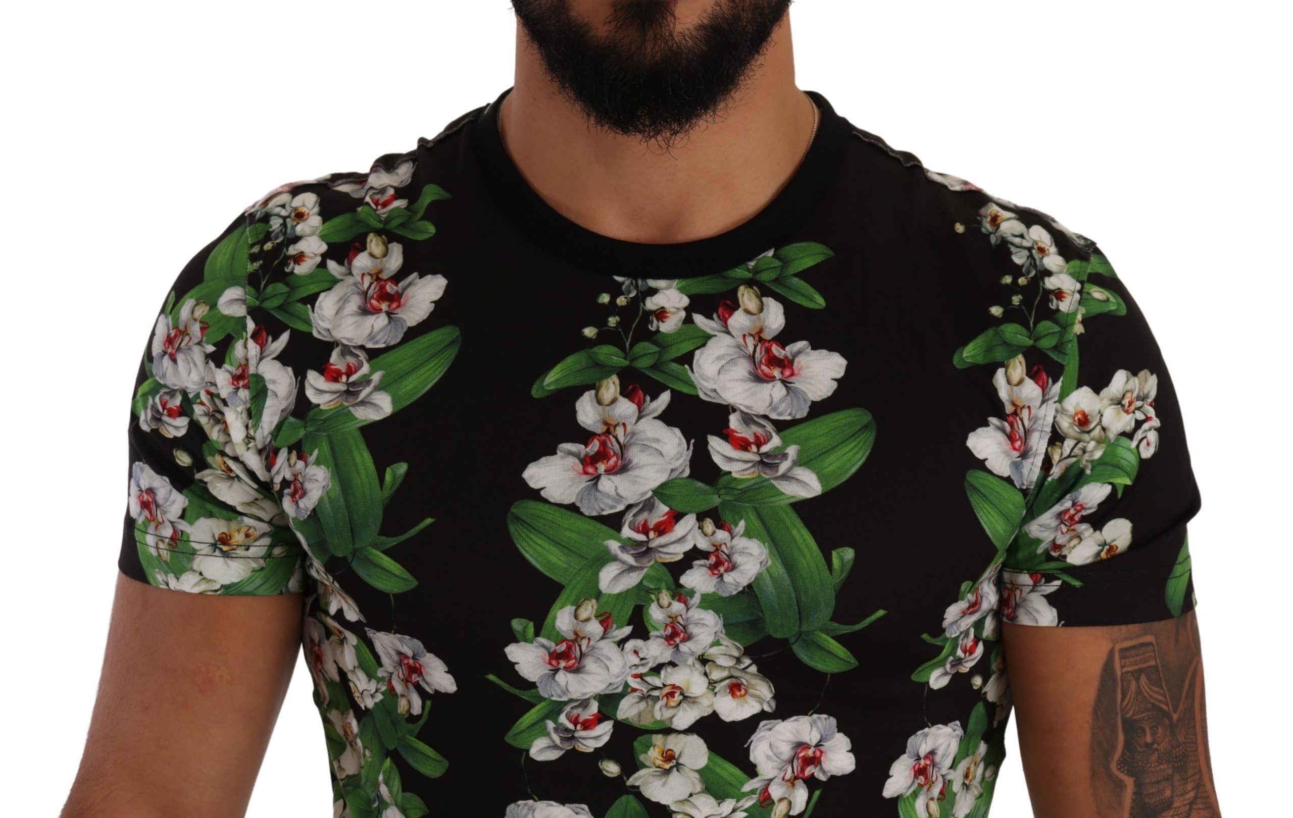 Dolce & Gabbana Schwarzes T-Shirt mit Blumendruck und Rundhalsausschnitt-3