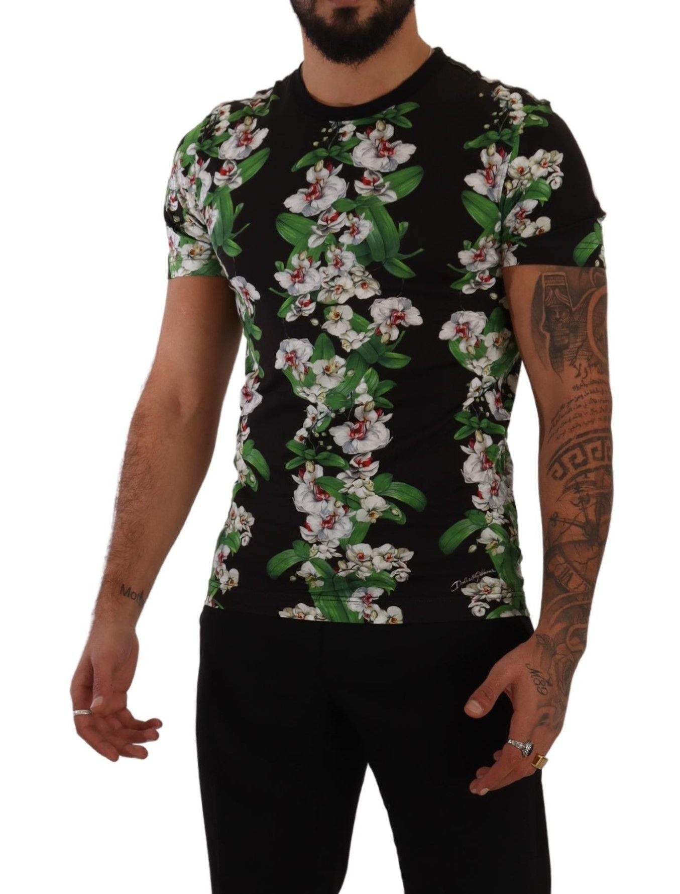Dolce & Gabbana Schwarzes T-Shirt mit Blumendruck und Rundhalsausschnitt-4