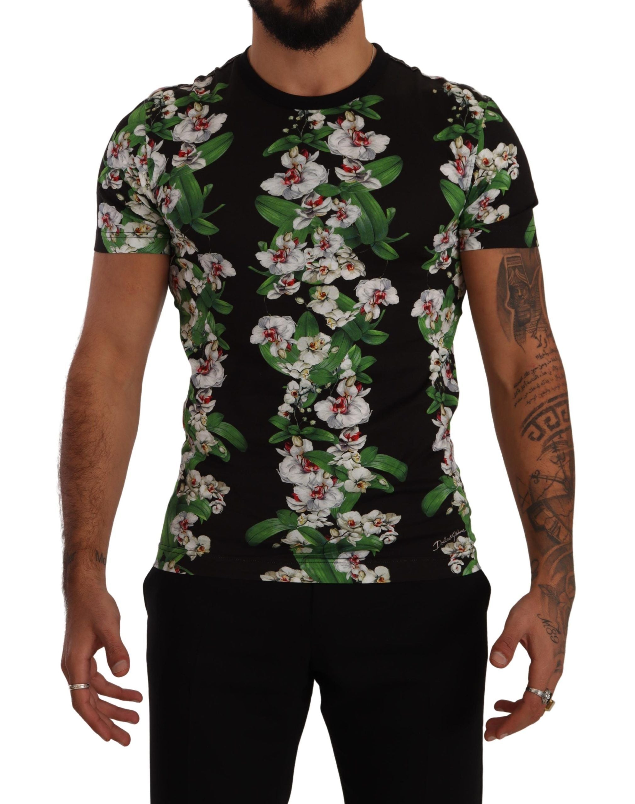 Dolce & Gabbana Schwarzes T-Shirt mit Blumendruck und Rundhalsausschnitt-1