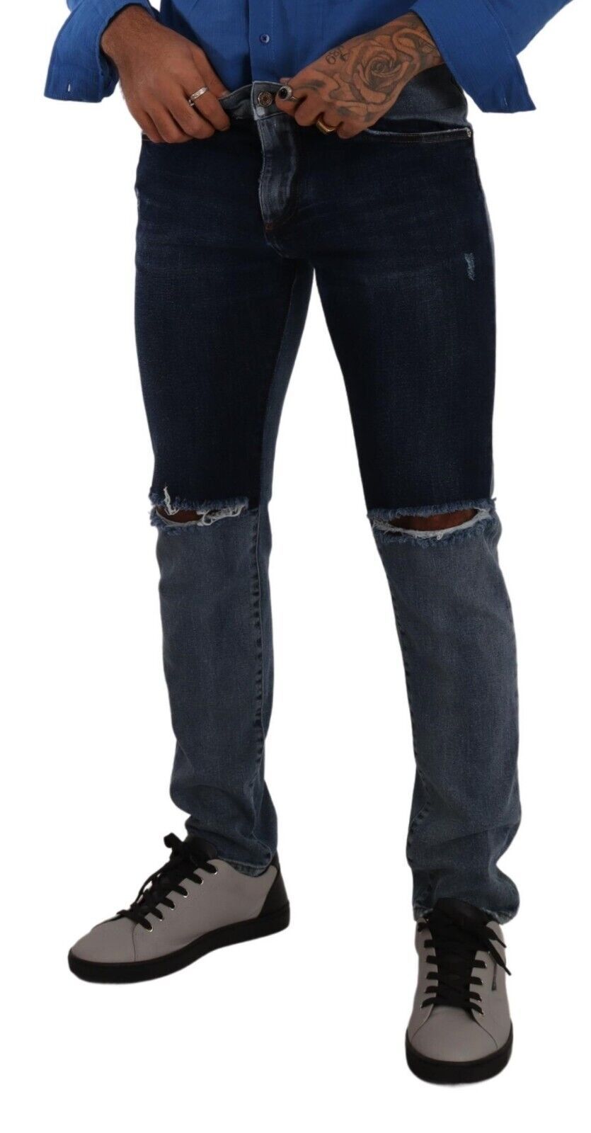 Dolce & Gabbana Blue two-tone slim denim jeans made from ripped cotton-4