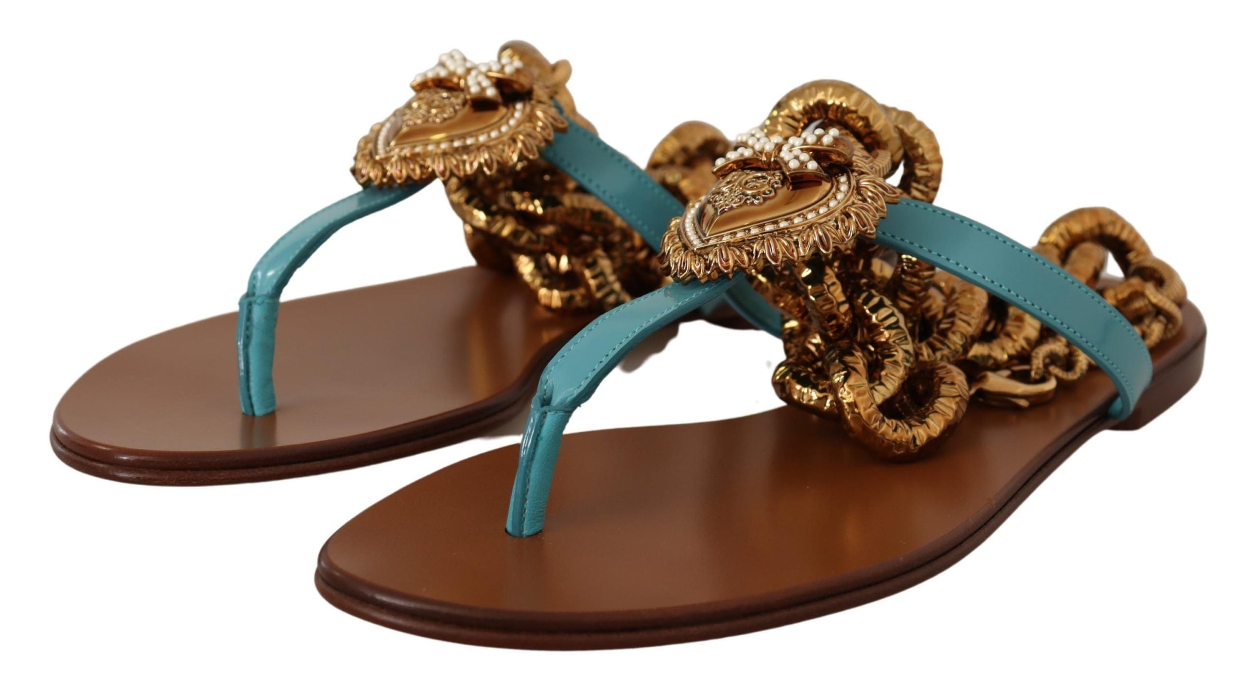 Sandalias planas Devotion de cuero azul de Dolce & Gabbana-3