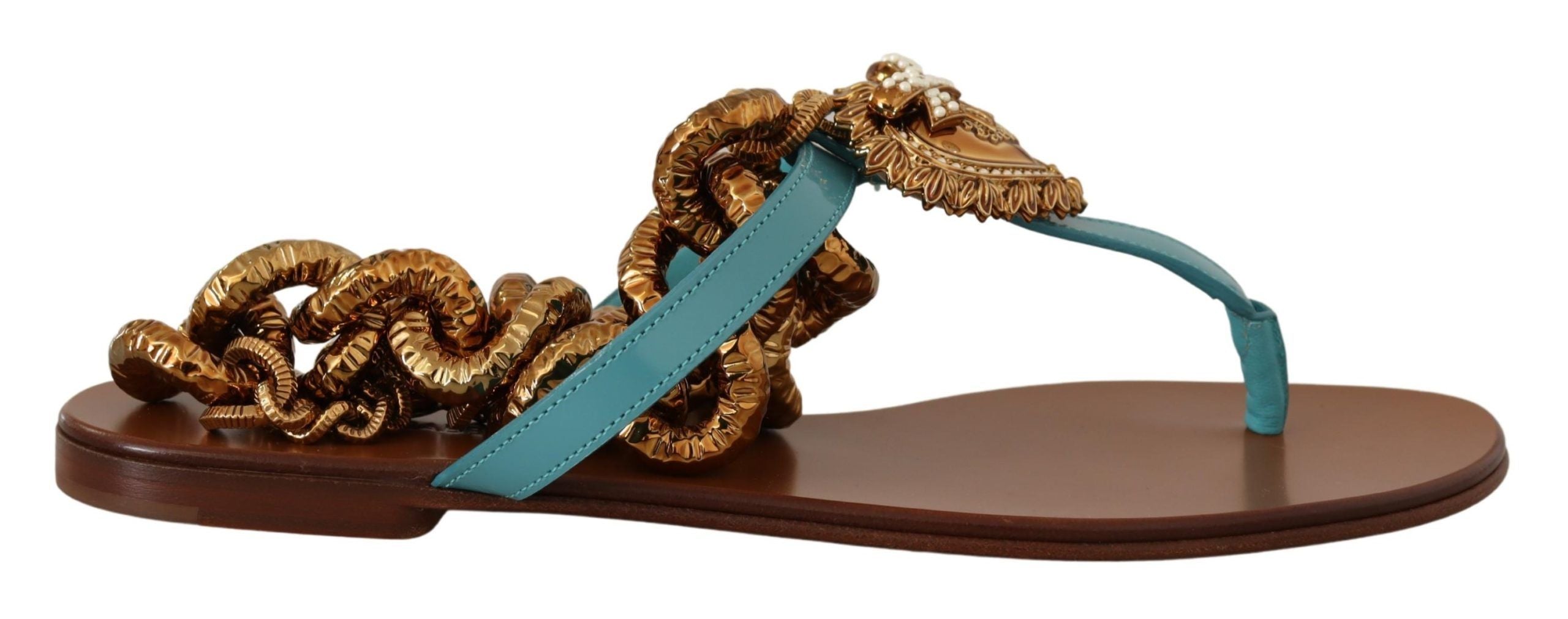 Sandalias planas Devotion de cuero azul de Dolce & Gabbana-6